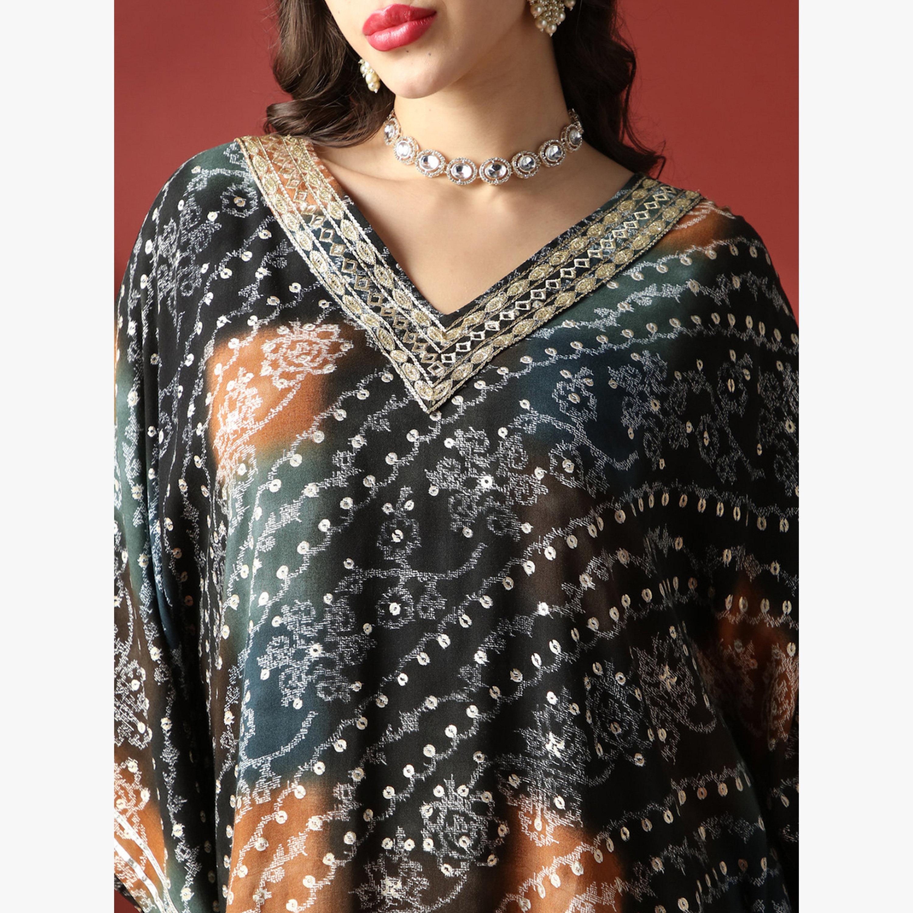 Globus X Styli Zari Embroidered Ethnic Print Gotta Patti Fusion Kaftan Kurta-women-clothing-ethnicwear-kurtas-image-4