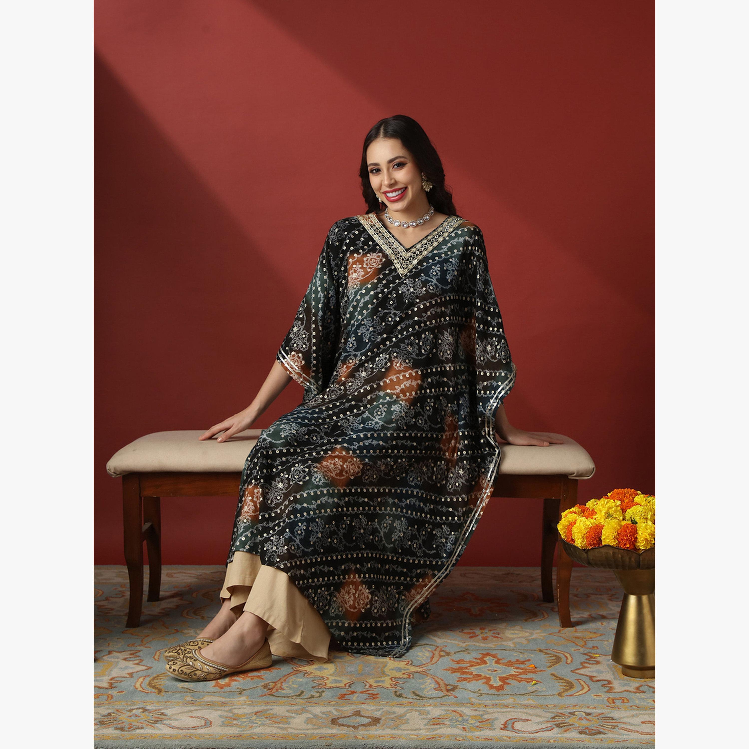 Globus X Styli Zari Embroidered Ethnic Print Gotta Patti Fusion Kaftan Kurta-women-clothing-ethnicwear-kurtas-image-5