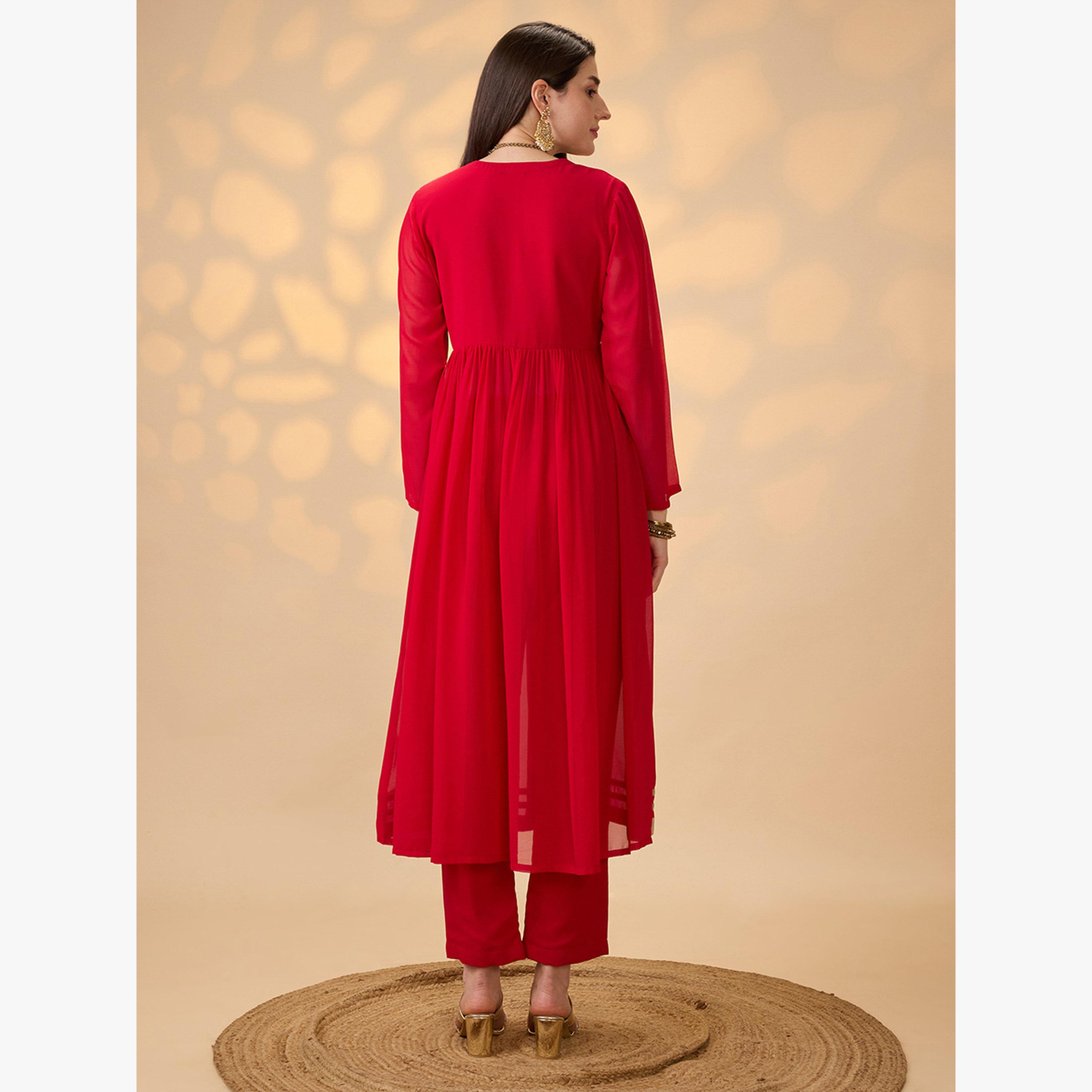 طقم كورتا بقصة علياء مزينة بدانتيل جوتا باتي مع بنطال-women-clothing-ethnicwear-kurtasets-image-3