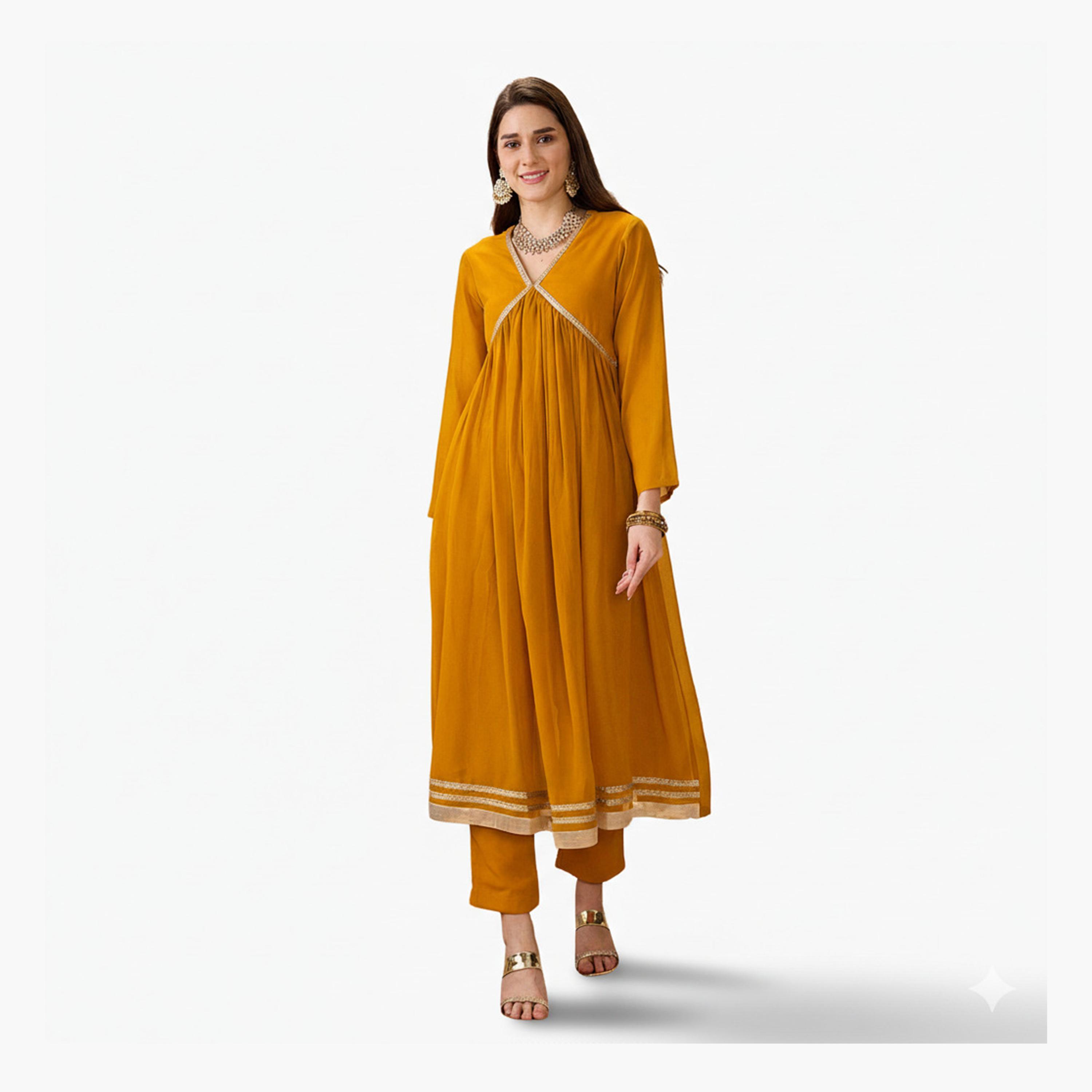 طقم كورتا بقصة علياء مزينة بدانتيل جوتا باتي مع بنطال-women-clothing-ethnicwear-kurtasets-image-1
