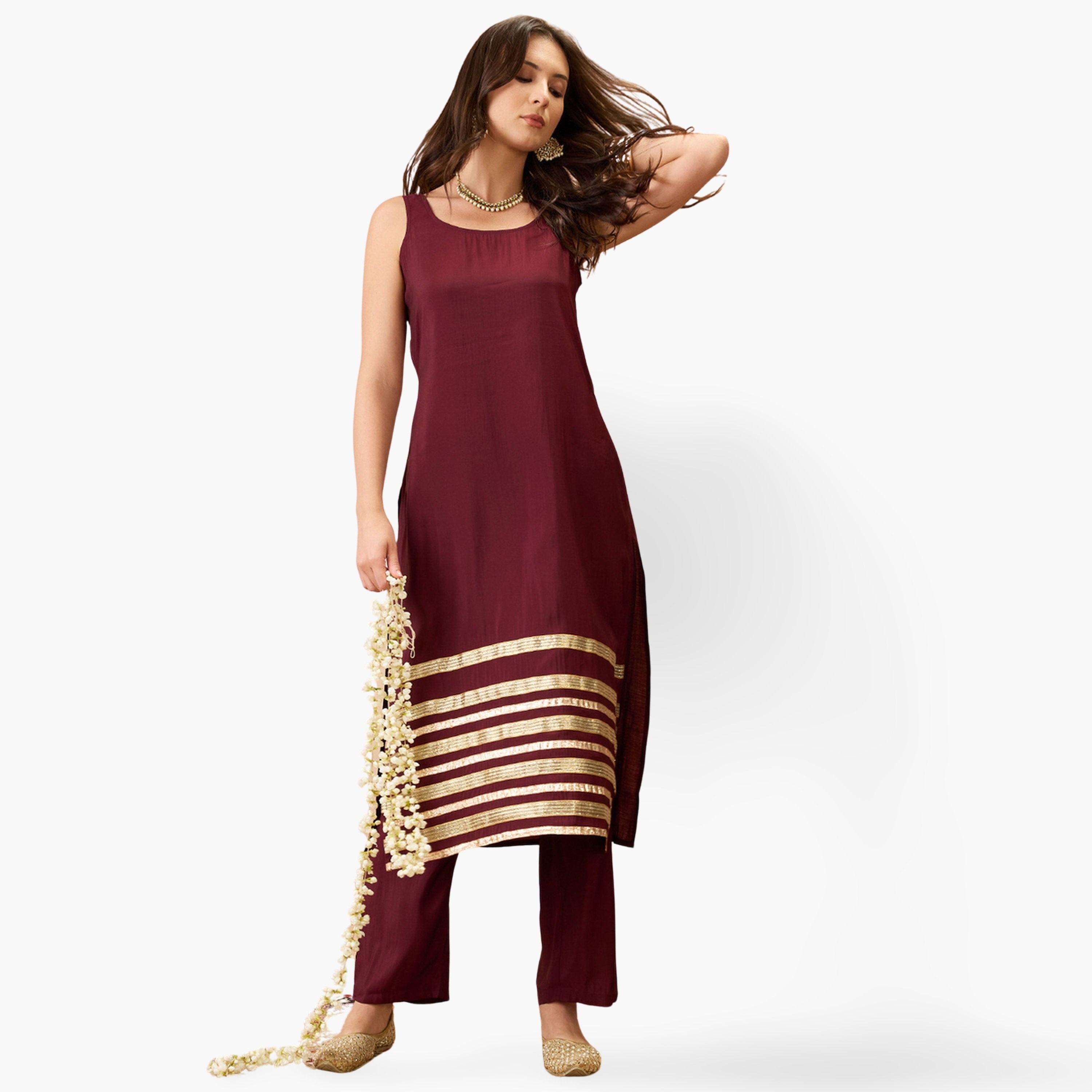 Globus X Styli Sleeveless Gotta Lace Hem Straight Kurta and Pant Festive Set-women-clothing-ethnicwear-kurtasets-image-1