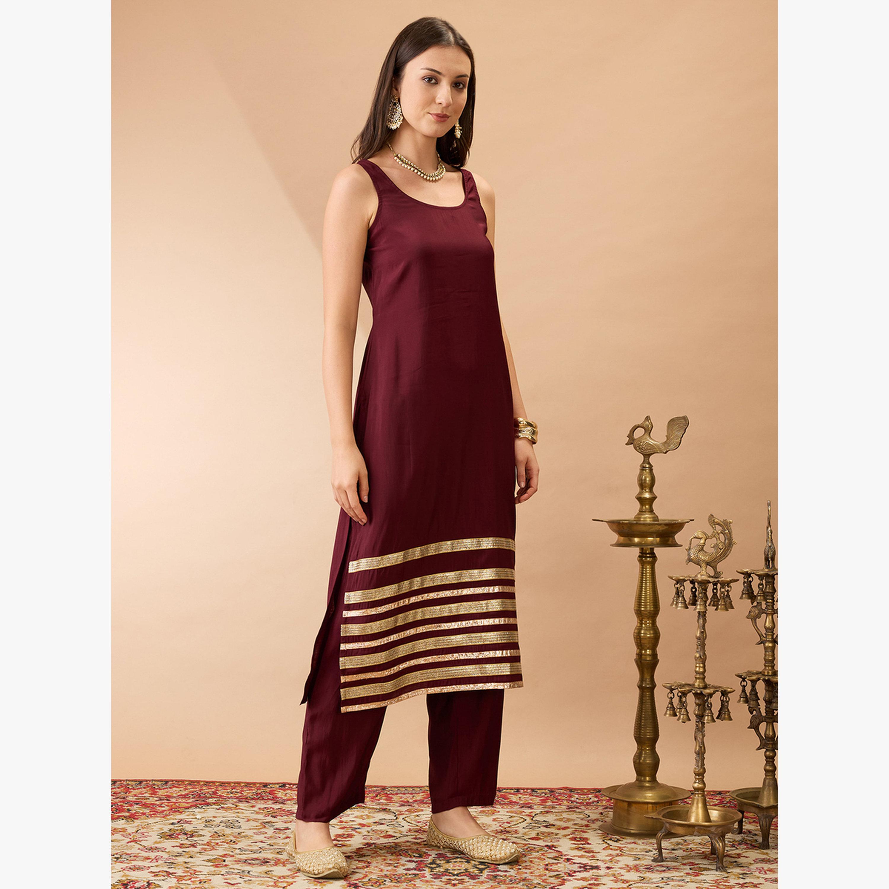 Globus X Styli Sleeveless Gotta Lace Hem Straight Kurta and Pant Festive Set-women-clothing-ethnicwear-kurtasets-image-2