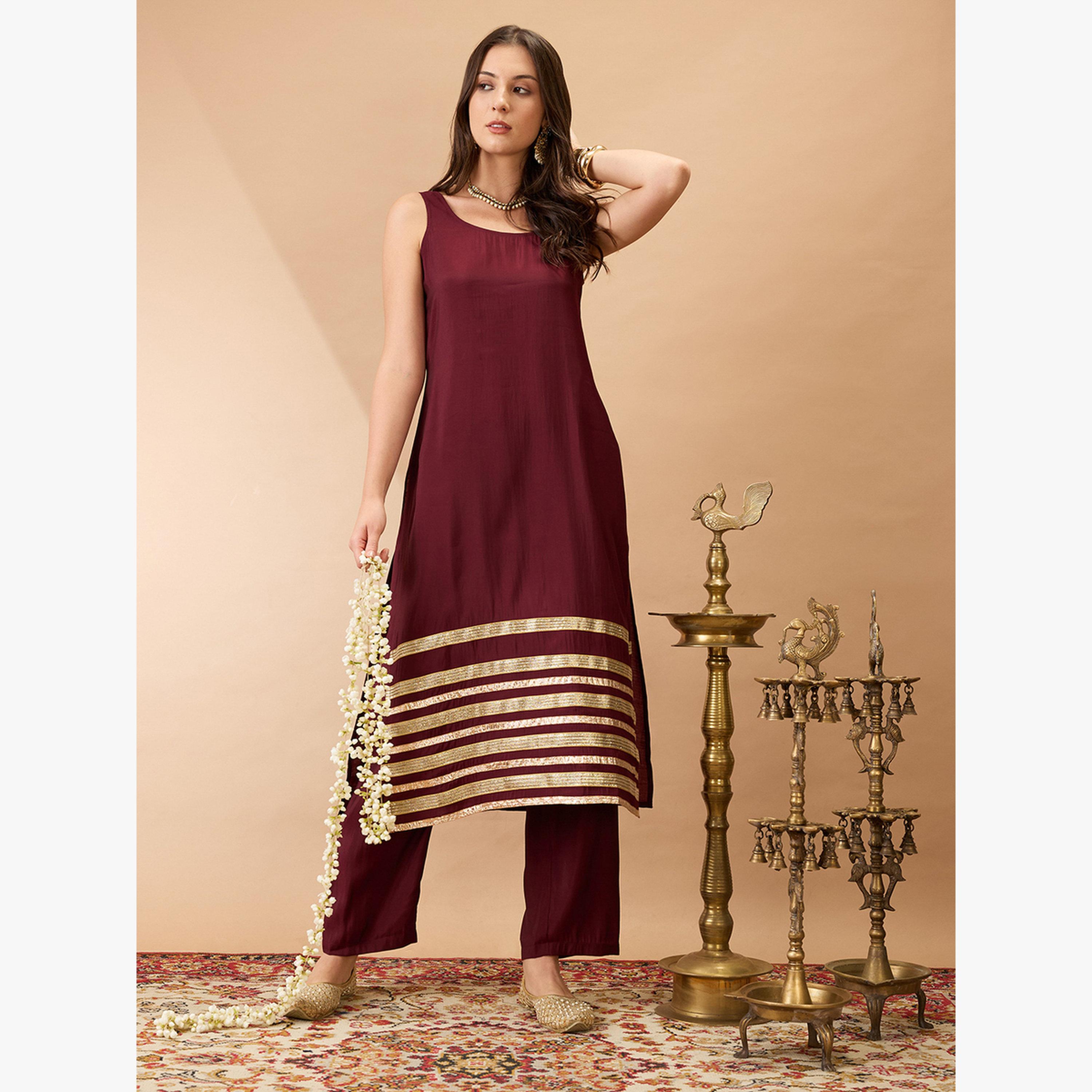 طقم كورتا مستقيمة بلا أكمام بحافة دانتيل جوتا مع بنطال-women-clothing-ethnicwear-kurtasets-image-6