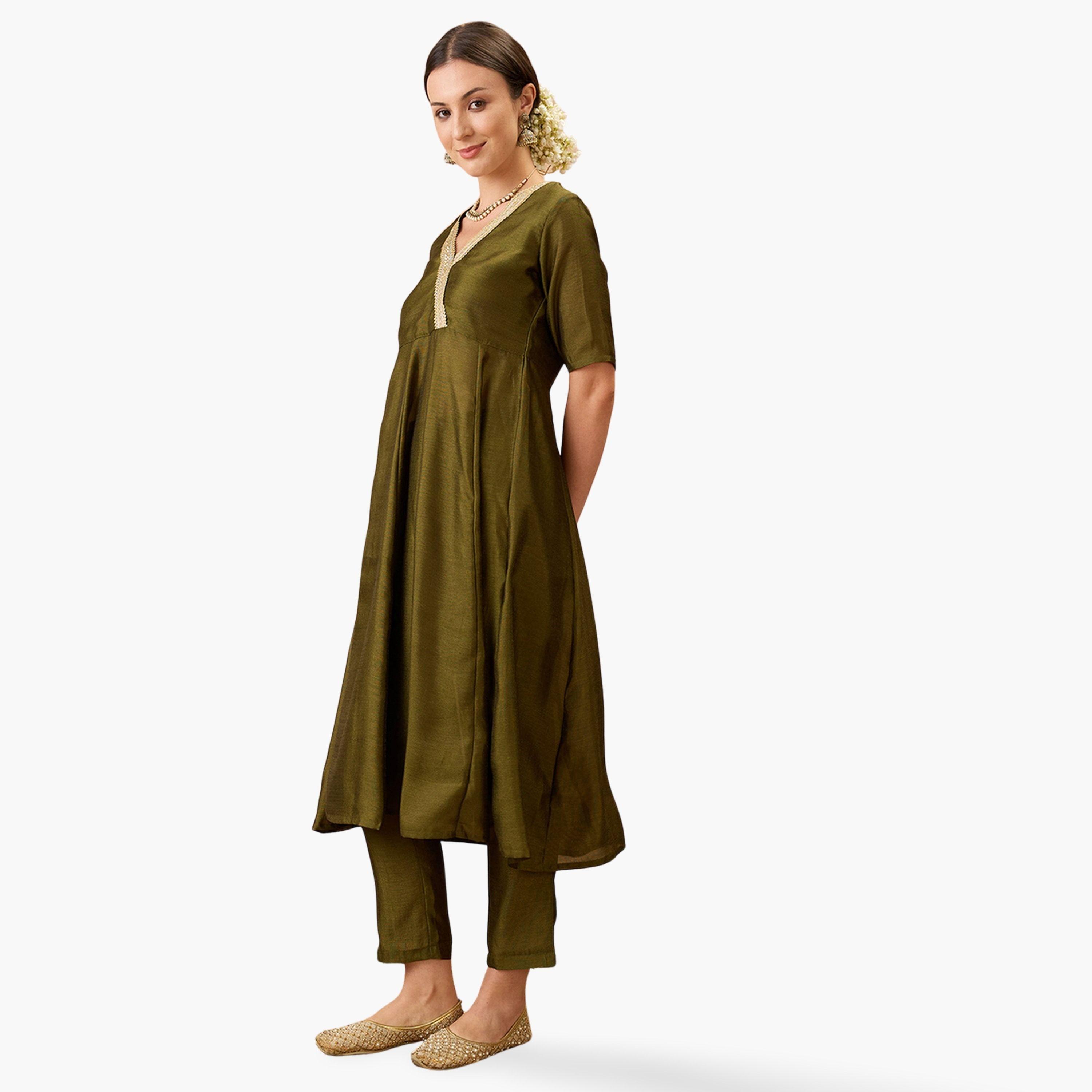 Globus X Styli V Neck Lace Detail Anarkali Kurta and Straight Pant Festive Set-women-clothing-ethnicwear-kurtasets-image-1