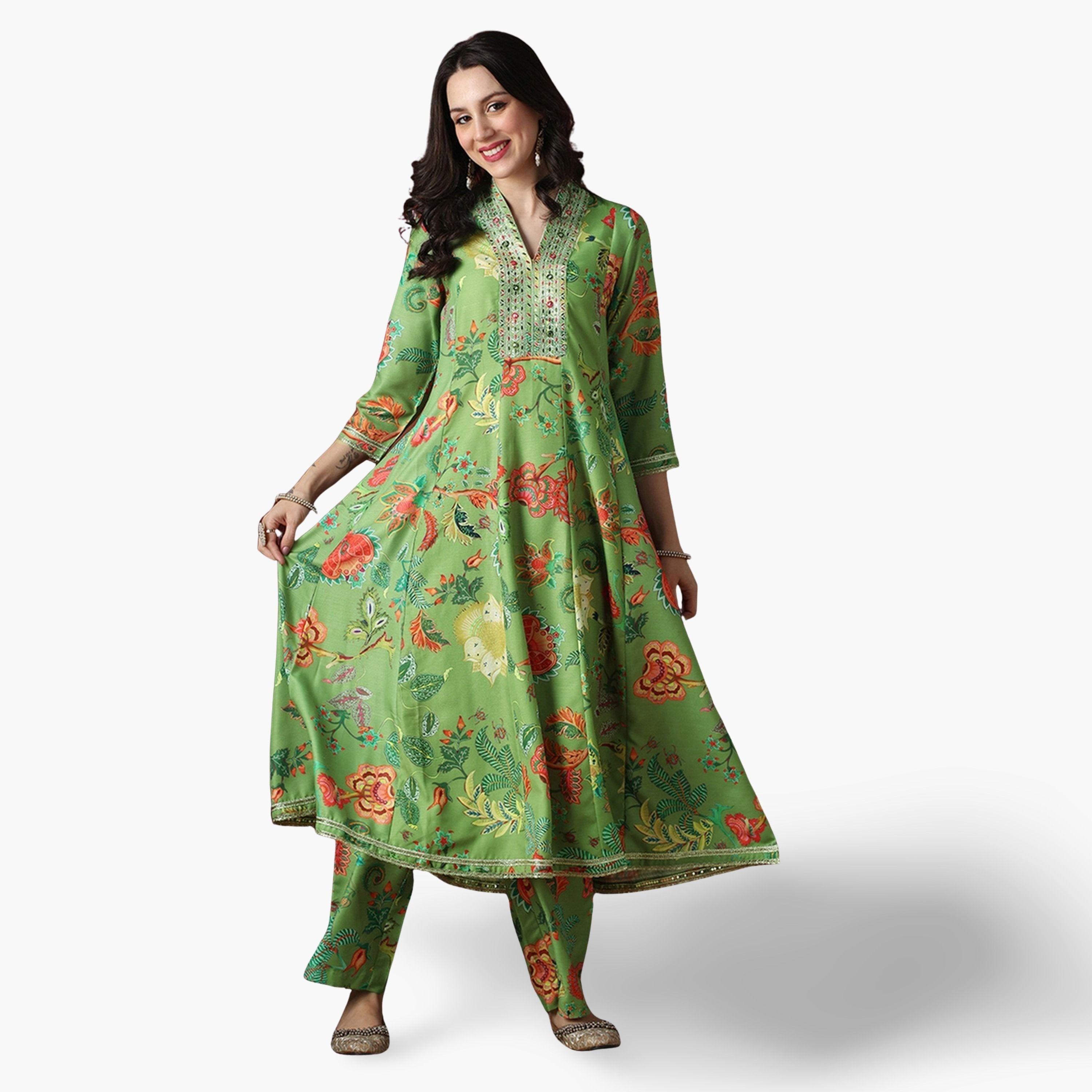 Globus X Styli Zari Embroidered Floral Print Anarkali Kurta and Pants Festive Set-women-clothing-ethnicwear-kurtasets-image-1
