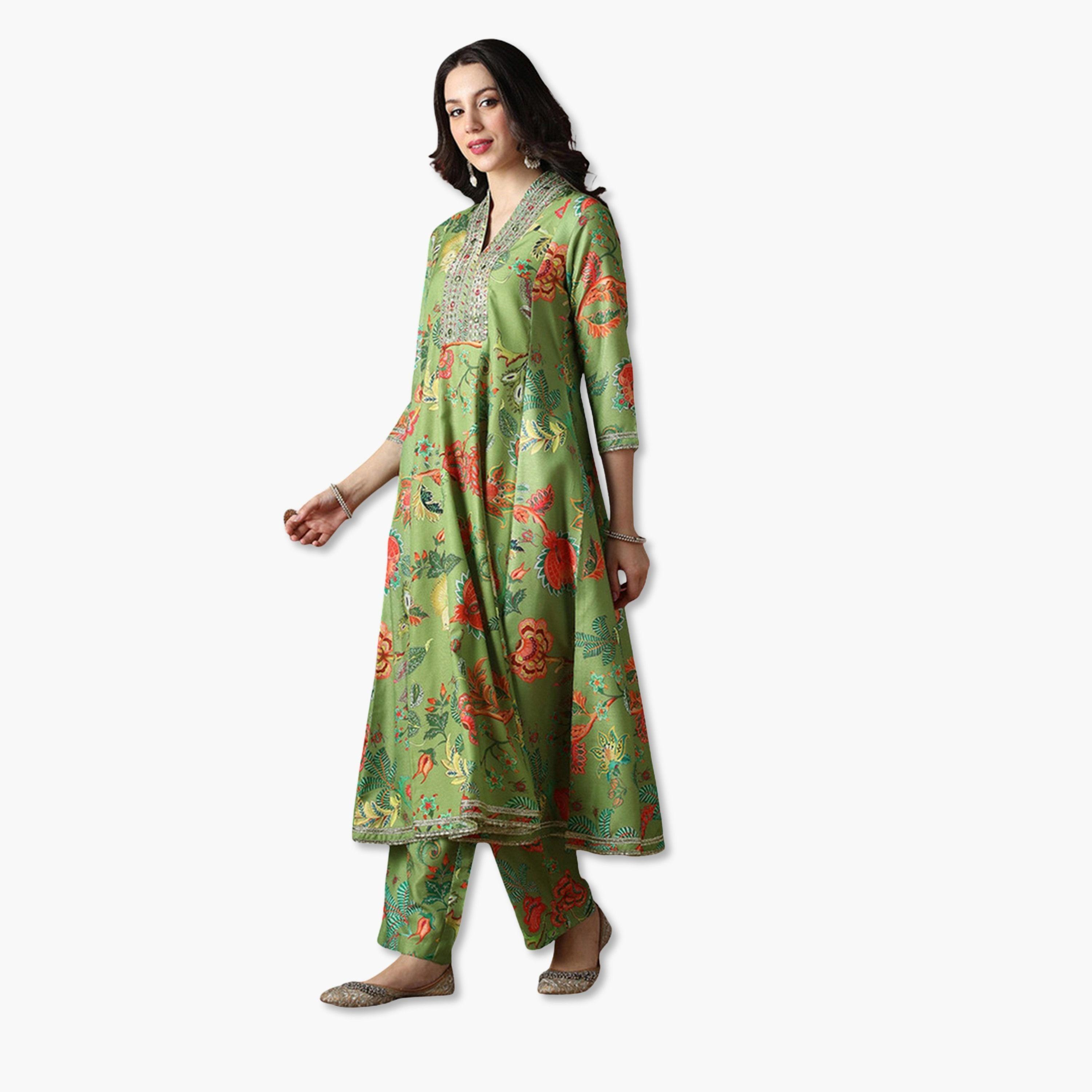 Globus X Styli Zari Embroidered Floral Print Anarkali Kurta and Pants Festive Set-women-clothing-ethnicwear-kurtasets-image-2