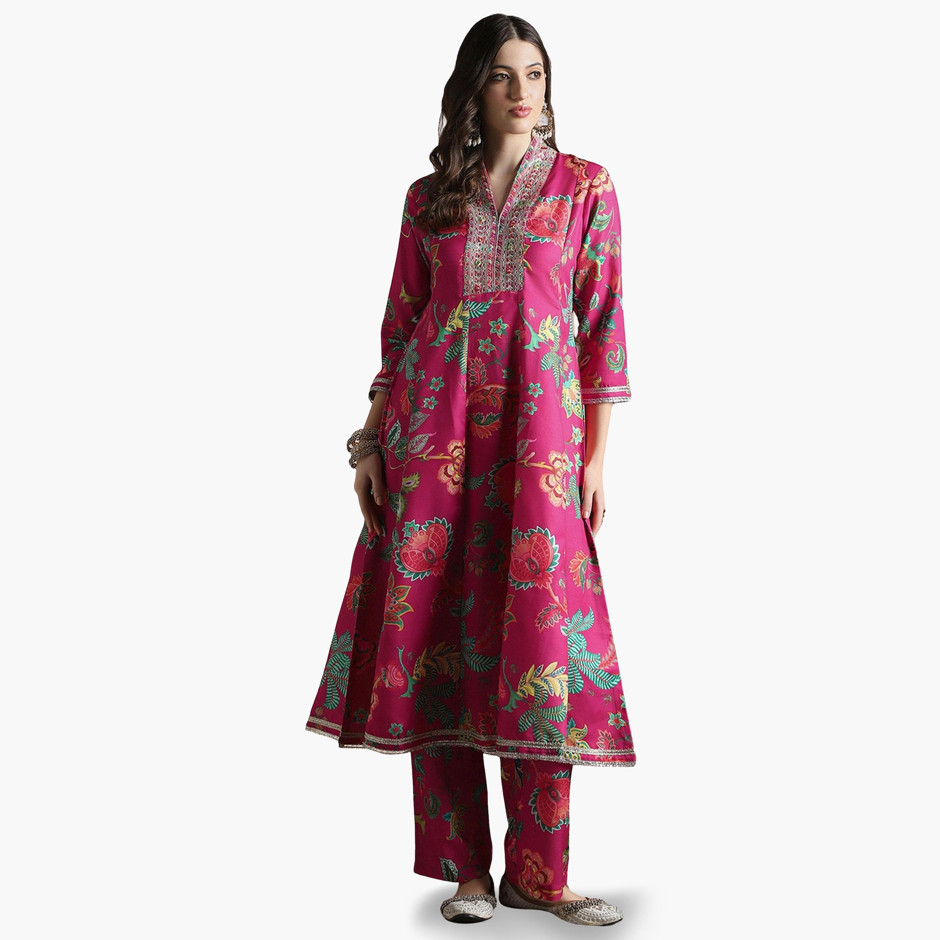 Globus X Styli Zari Embroidered Floral Print Anarkali Kurta and Pants Festive Set-women-clothing-ethnicwear-kurtasets-image-1
