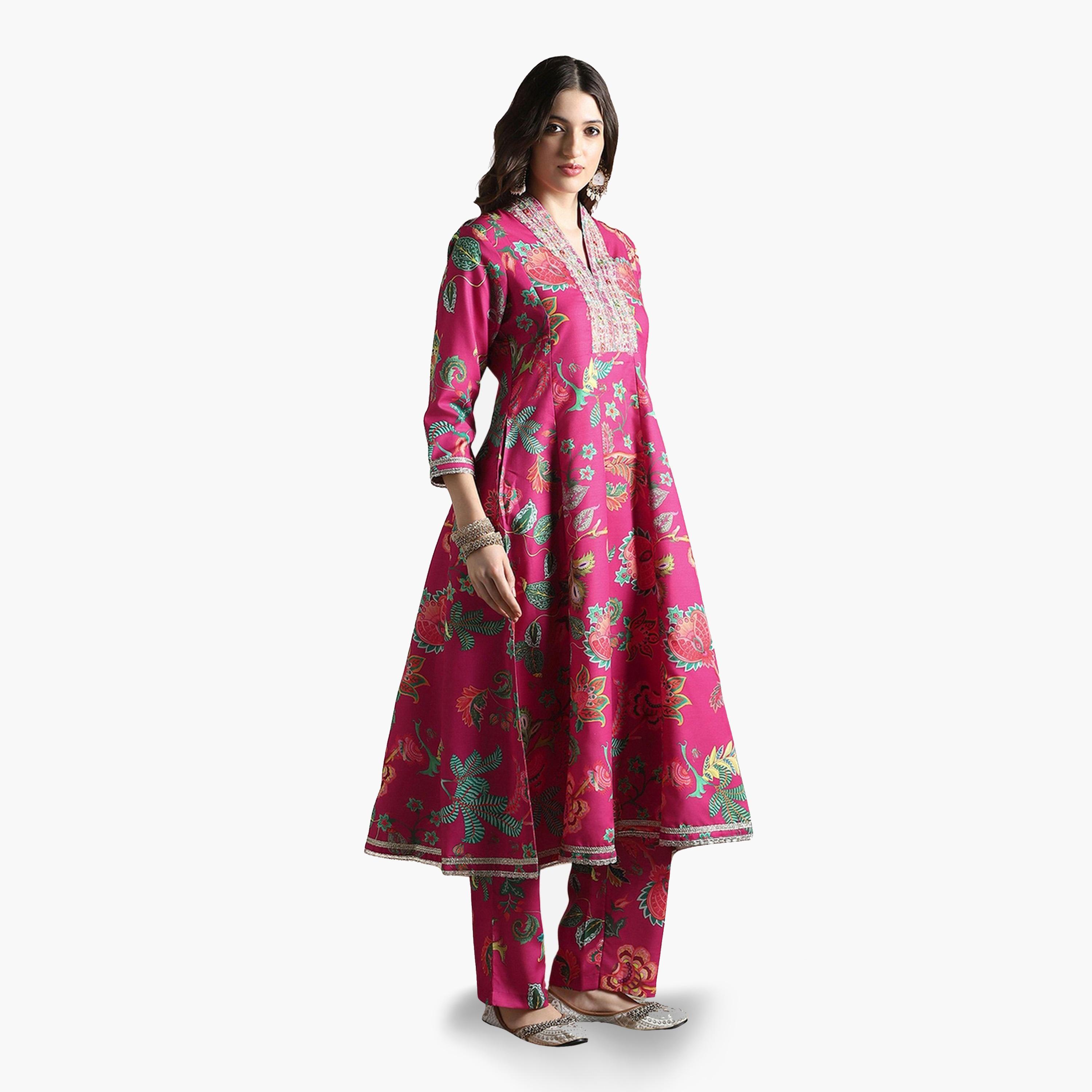 Globus X Styli Zari Embroidered Floral Print Anarkali Kurta and Pants Festive Set-women-clothing-ethnicwear-kurtasets-image-2