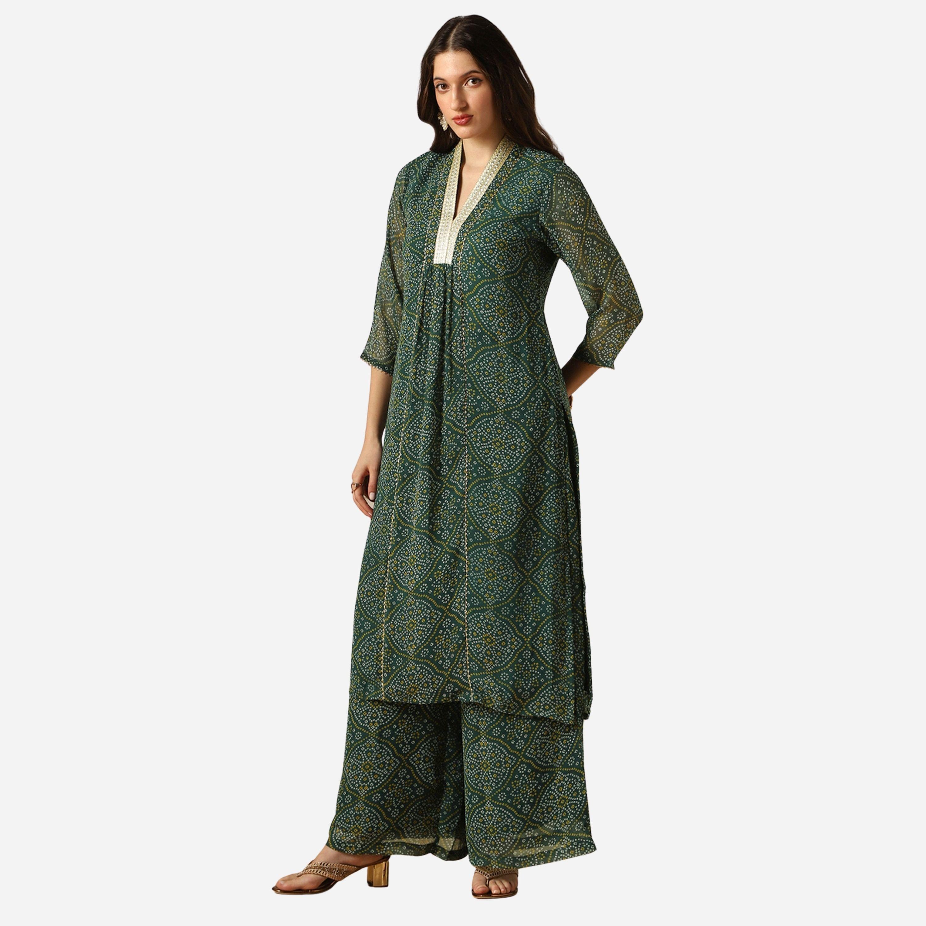 غلوبوص × ستايلي - قميص كورتا طويل وبالازو جورجيت طبعة دانتيل زاري بانديني-women-clothing-ethnicwear-kurtasets-image-1