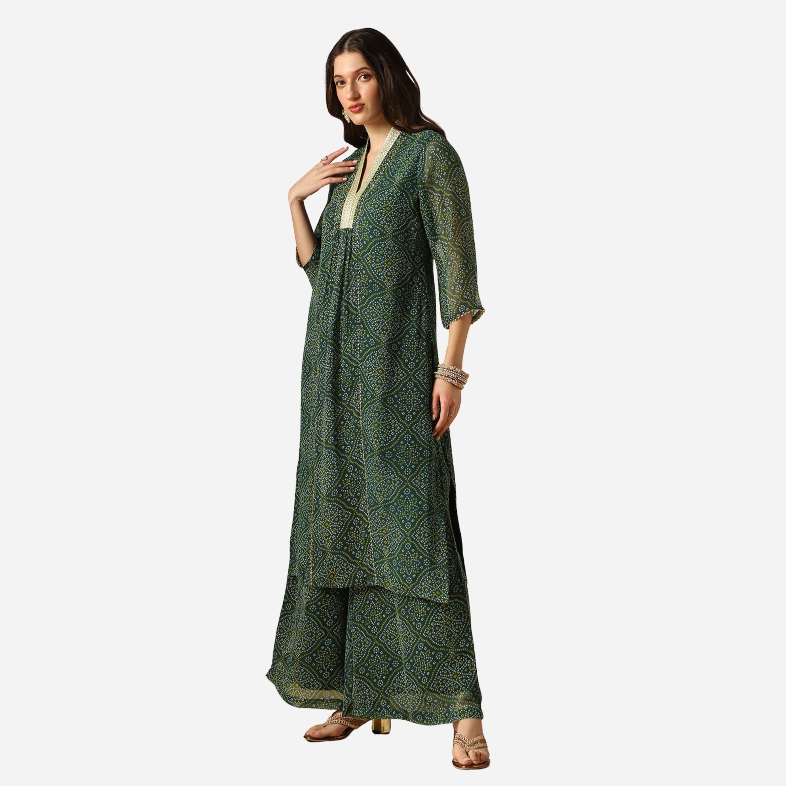 غلوبوص × ستايلي - قميص كورتا طويل وبالازو جورجيت طبعة دانتيل زاري بانديني-women-clothing-ethnicwear-kurtasets-image-2