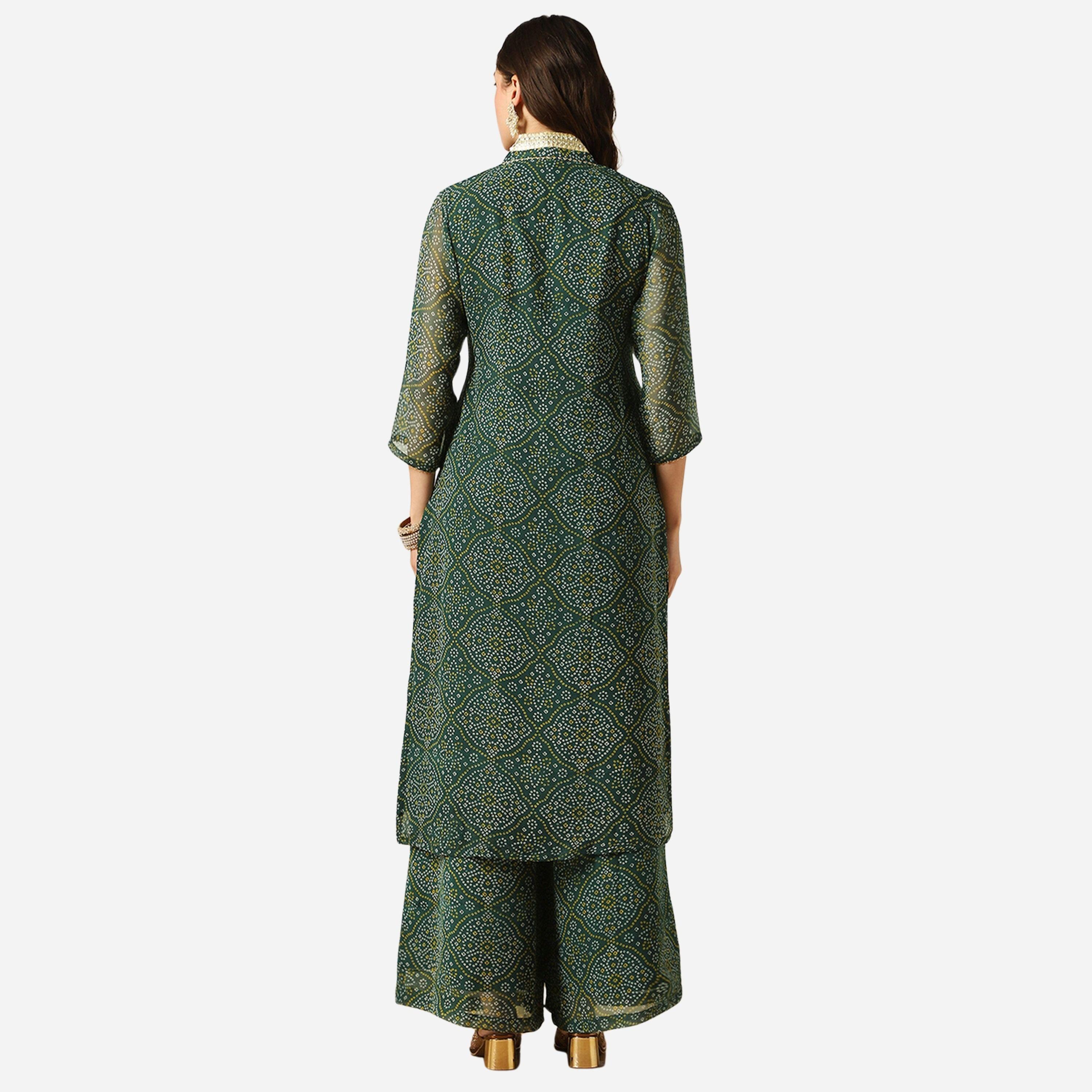 غلوبوص × ستايلي - قميص كورتا طويل وبالازو جورجيت طبعة دانتيل زاري بانديني-women-clothing-ethnicwear-kurtasets-image-3