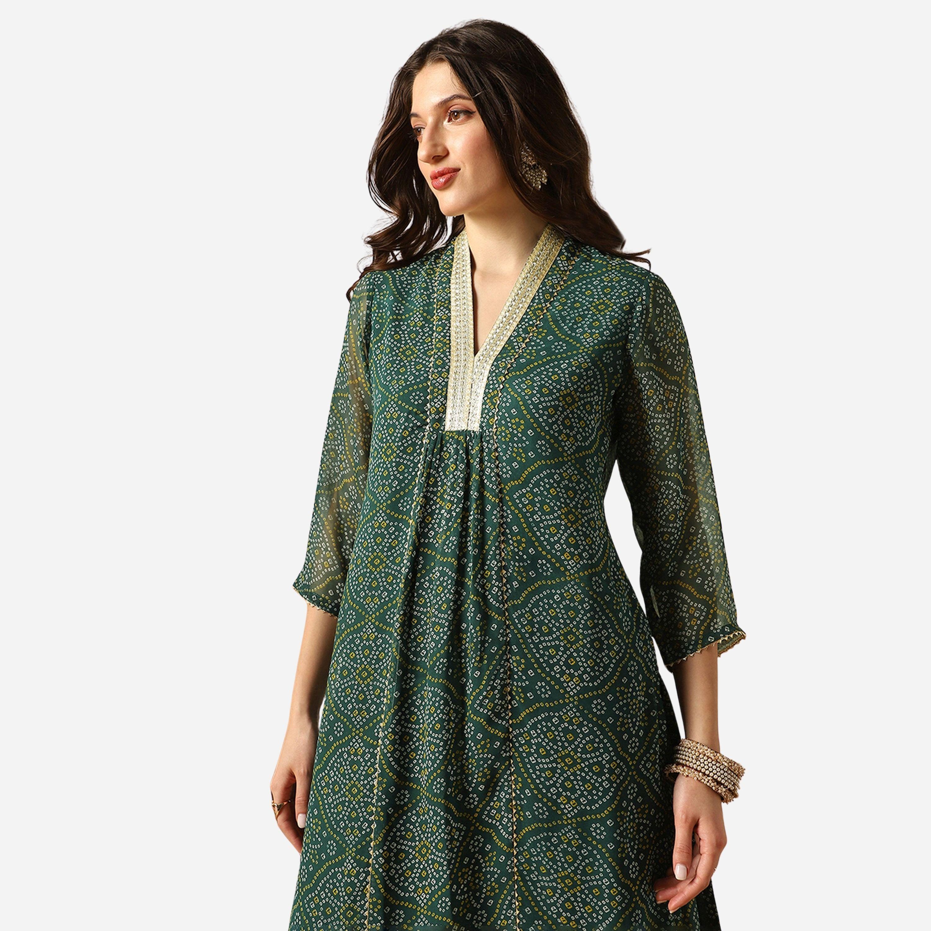 غلوبوص × ستايلي - قميص كورتا طويل وبالازو جورجيت طبعة دانتيل زاري بانديني-women-clothing-ethnicwear-kurtasets-image-4