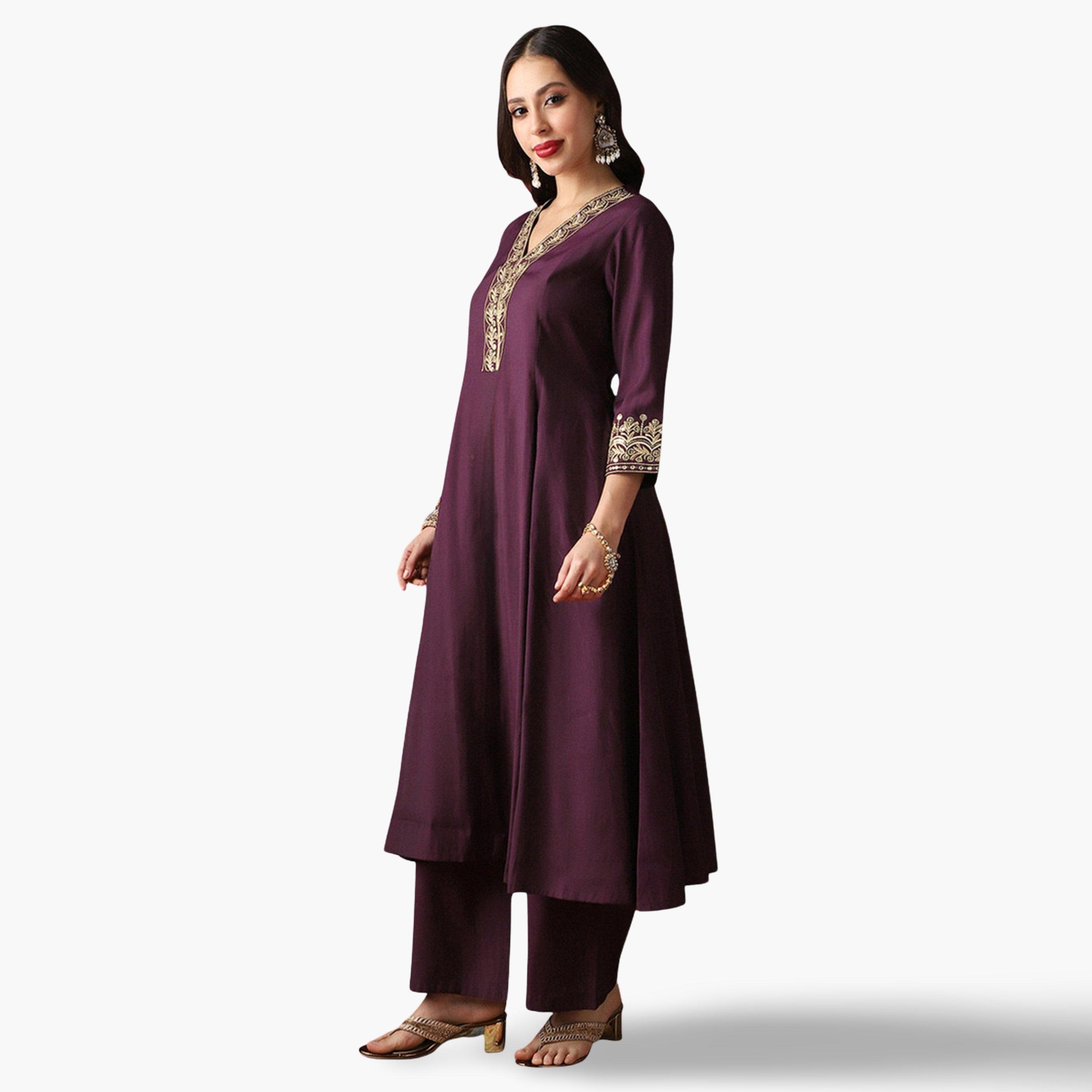 طقم كورتا أناركلي مطرزة بتطريز زاري مع بنطال واسع-women-clothing-ethnicwear-kurtasets-image-2