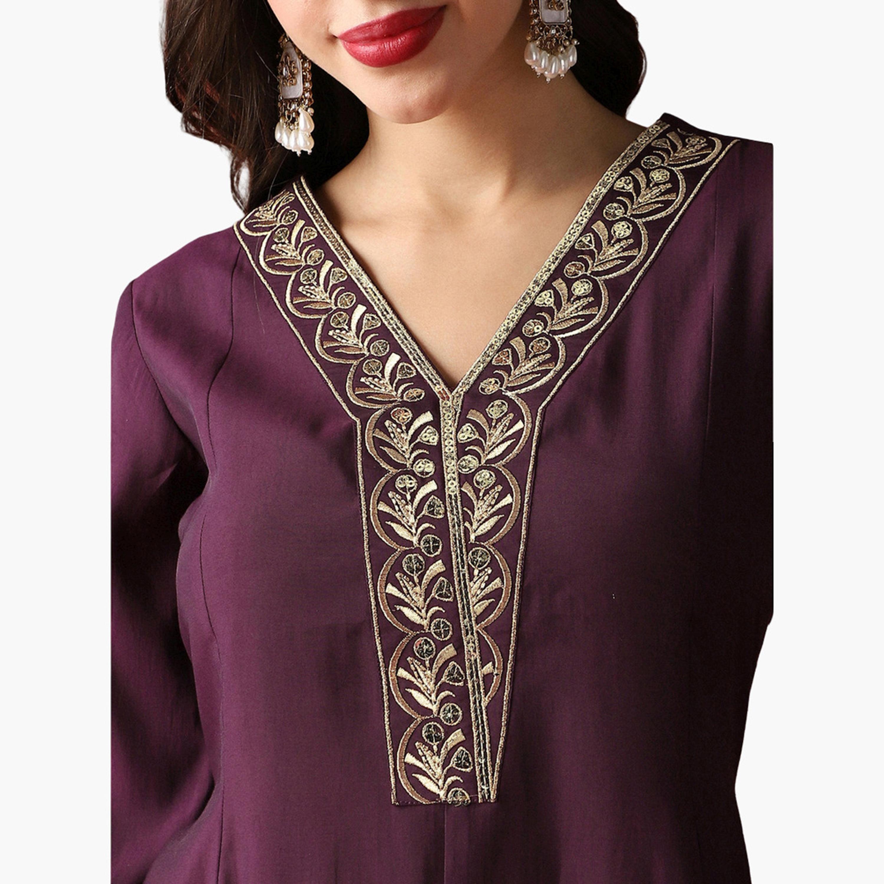 طقم كورتا أناركلي مطرزة بتطريز زاري مع بنطال واسع-women-clothing-ethnicwear-kurtasets-image-4
