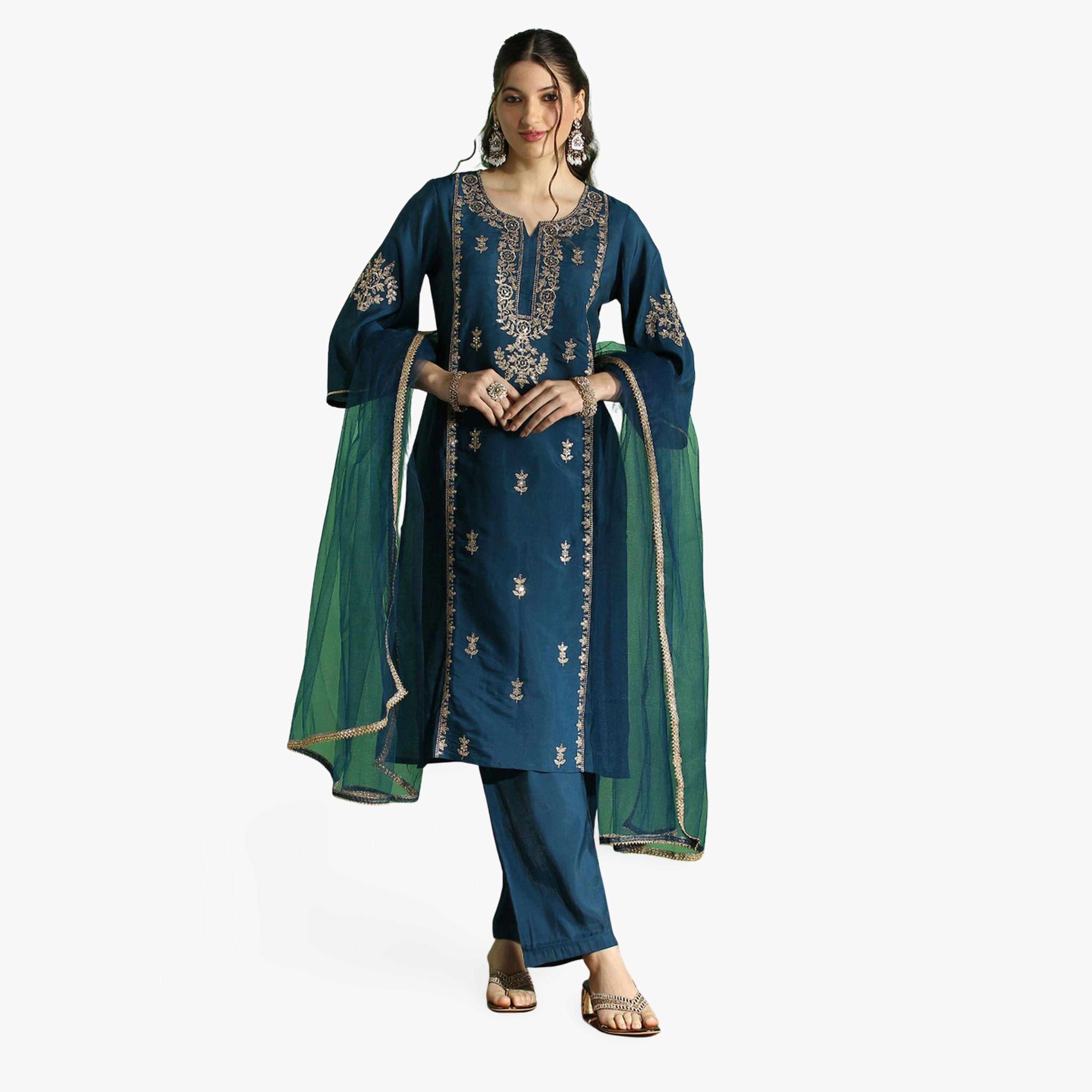 Globus X Styli Embroidered Yoke Zari Work Straight Kurta, Pants and Dupatta Festive Set-women-clothing-ethnicwear-kurtasets-image-1