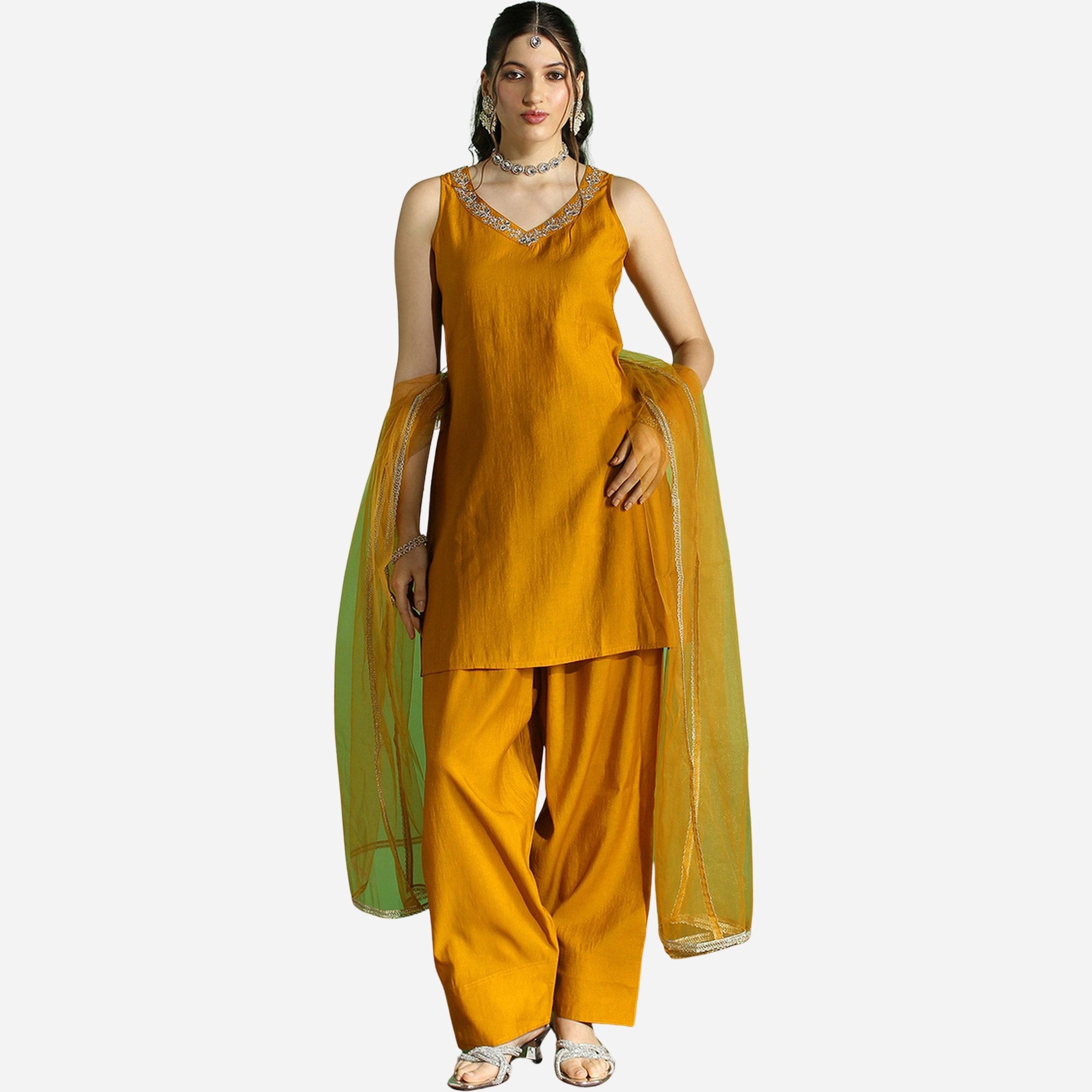 Globus X Styli Embroidered V Neck Kurta, Wide Leg Pants and Dupatta Set-women-clothing-ethnicwear-kurtasets-image-1