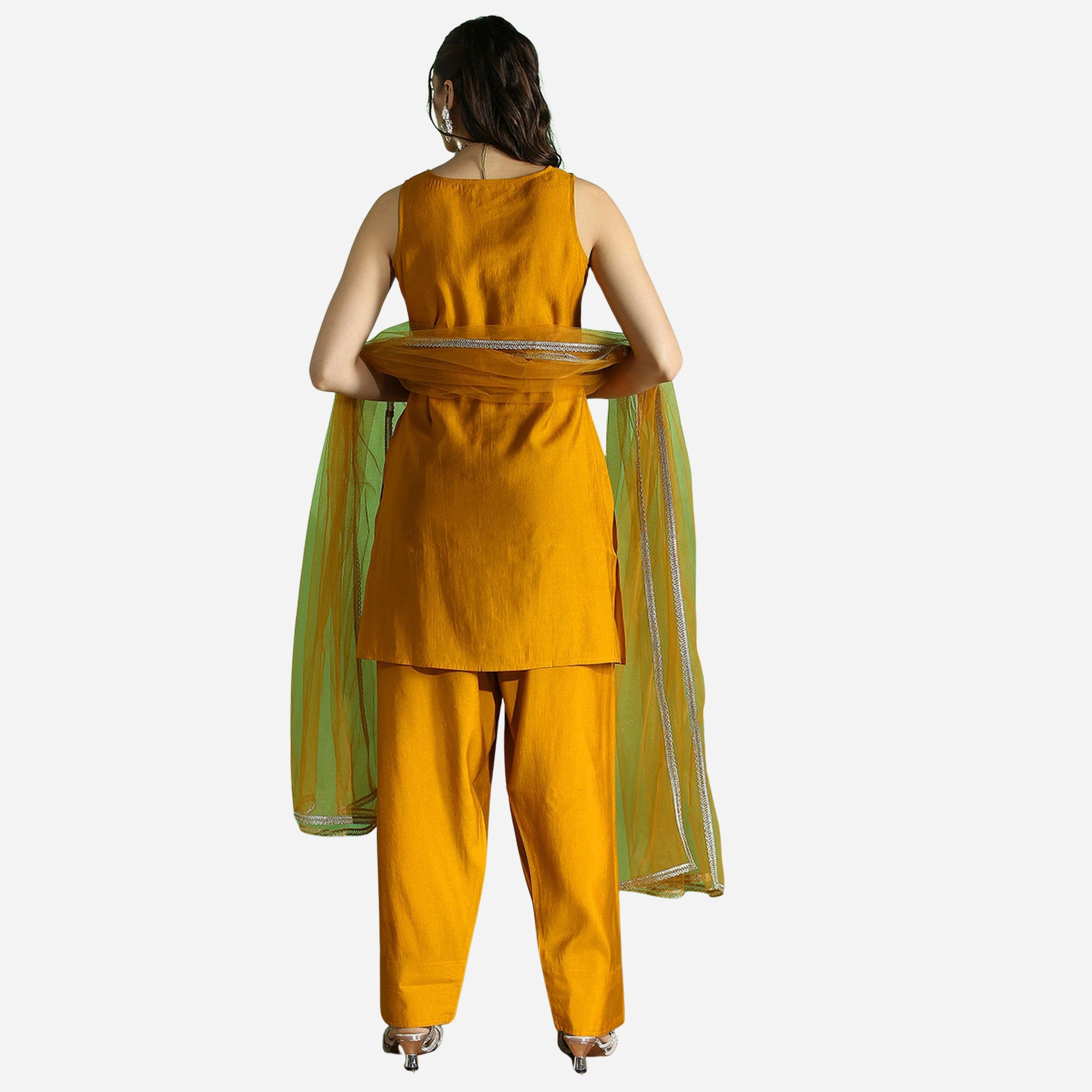 Globus X Styli Embroidered V Neck Kurta, Wide Leg Pants and Dupatta Set-women-clothing-ethnicwear-kurtasets-image-3