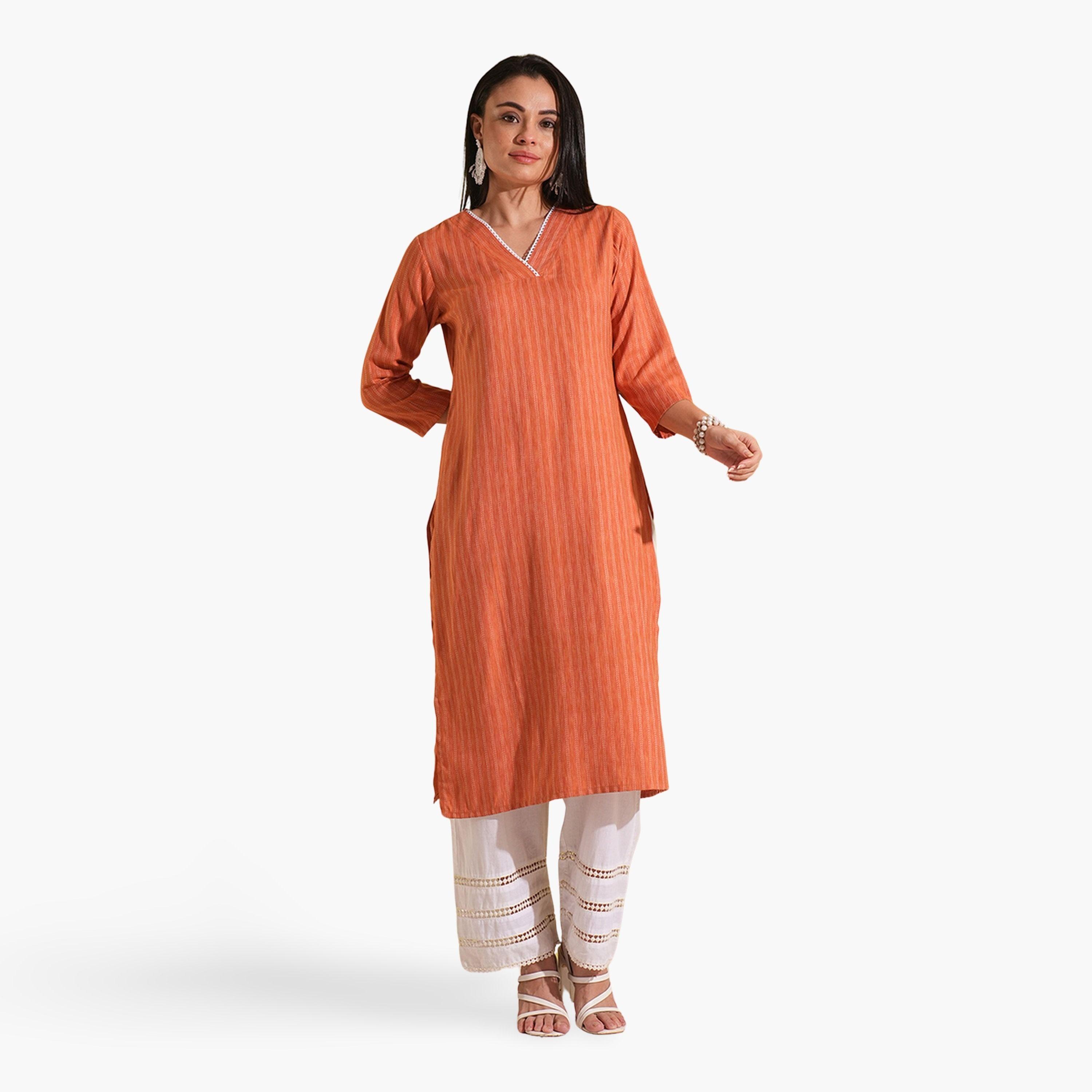 كورتا مستقيمة للعمل مزينة بدانتيل ونقشة مخططة-women-clothing-ethnicwear-kurtas-image-1