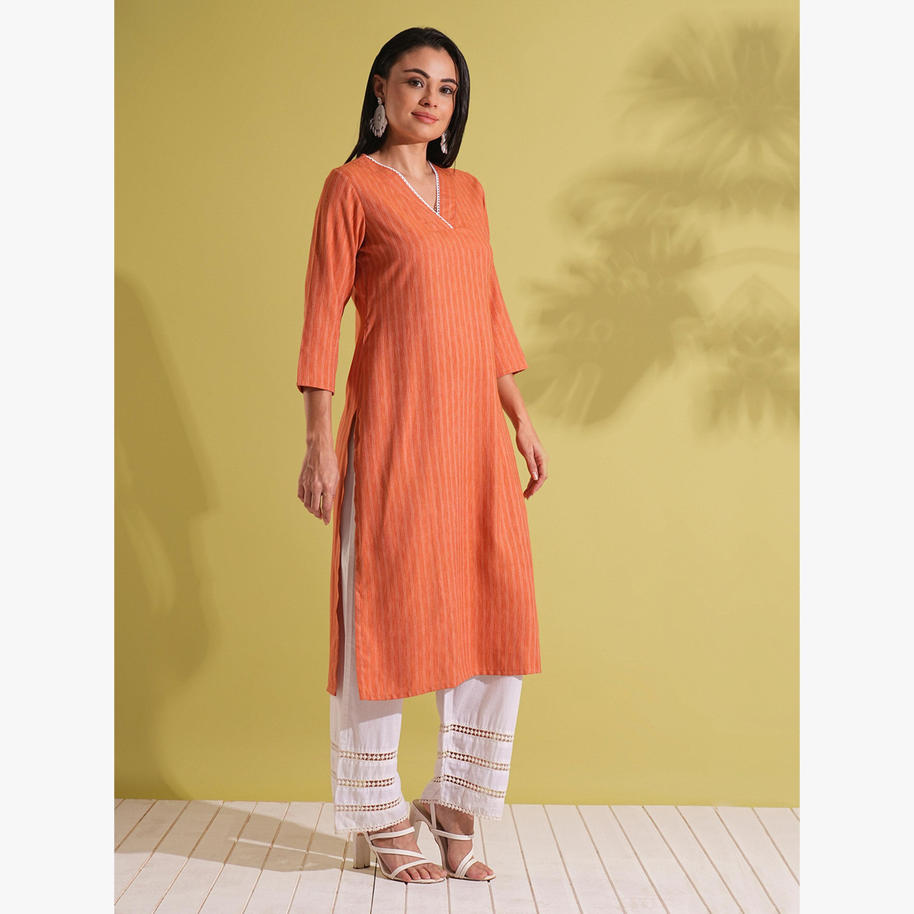 كورتا مستقيمة للعمل مزينة بدانتيل ونقشة مخططة-women-clothing-ethnicwear-kurtas-image-2