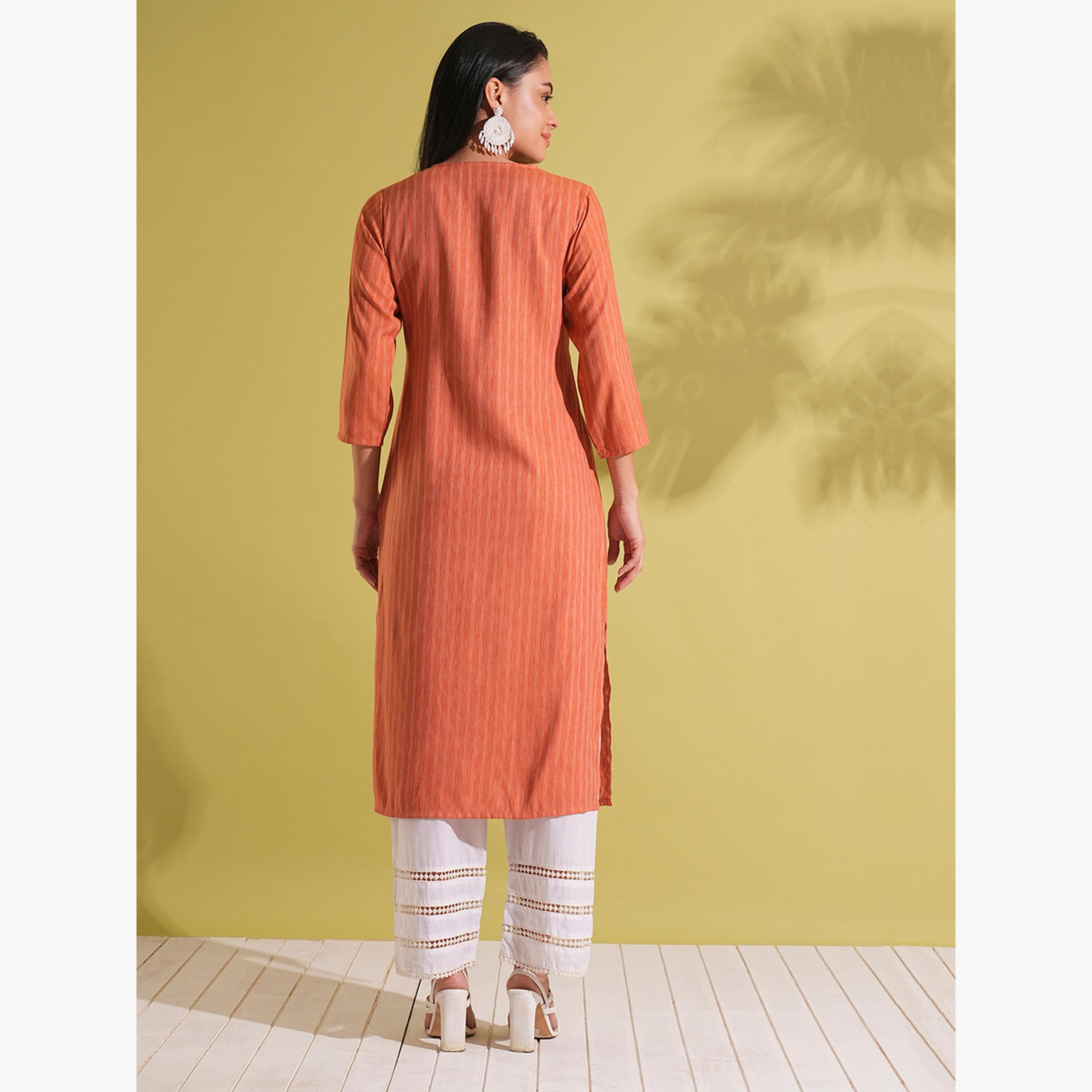 كورتا مستقيمة للعمل مزينة بدانتيل ونقشة مخططة-women-clothing-ethnicwear-kurtas-image-3
