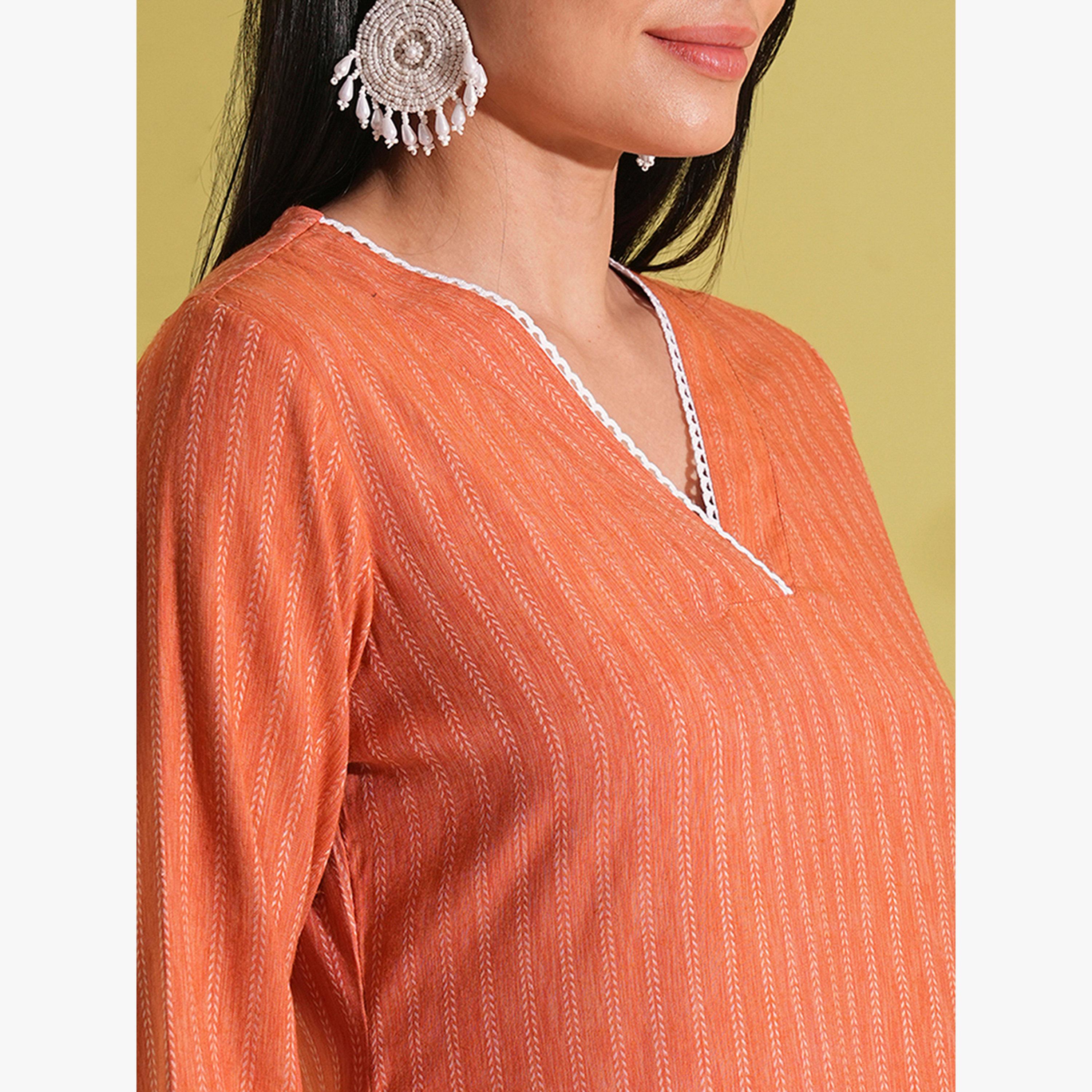 كورتا مستقيمة للعمل مزينة بدانتيل ونقشة مخططة-women-clothing-ethnicwear-kurtas-image-4