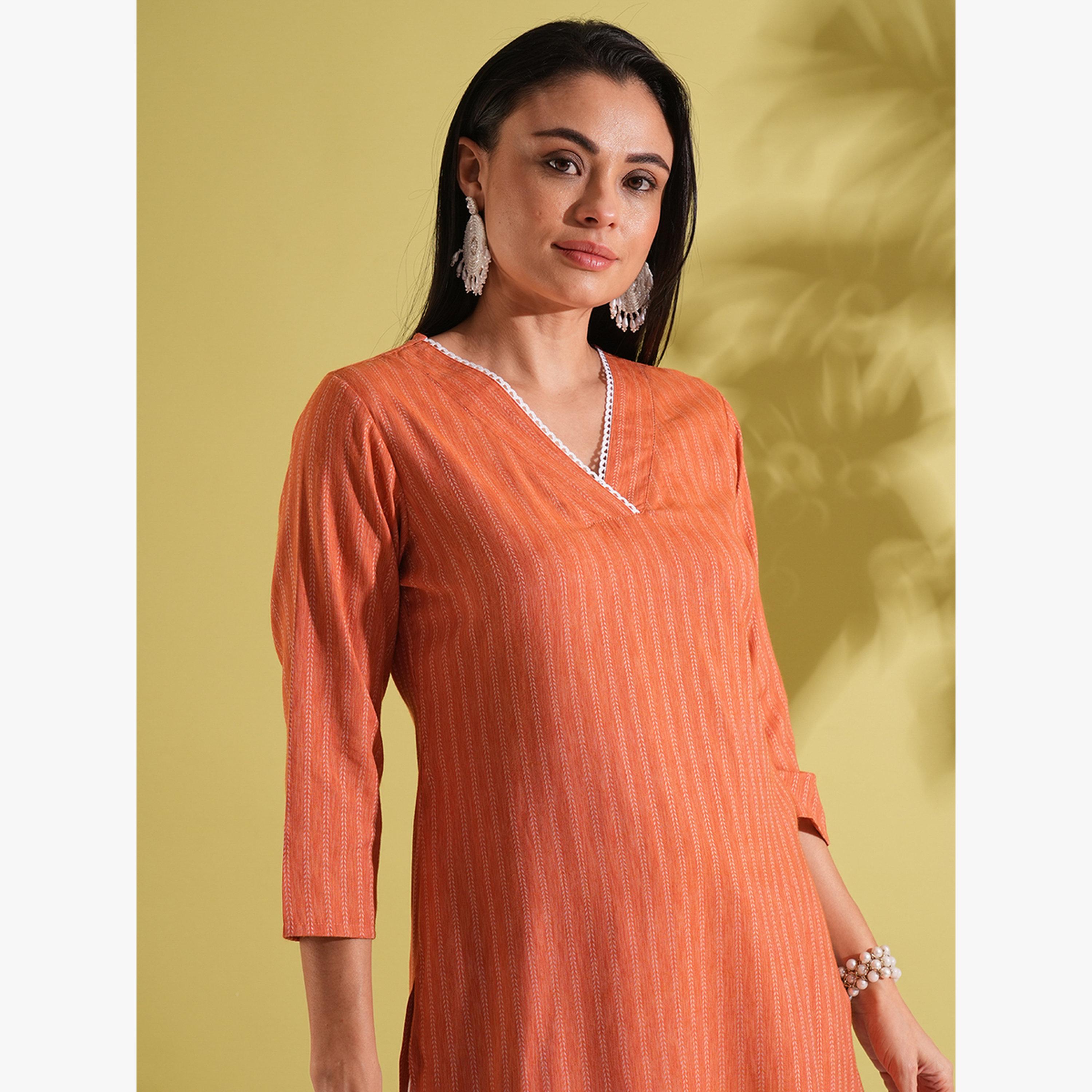 كورتا مستقيمة للعمل مزينة بدانتيل ونقشة مخططة-women-clothing-ethnicwear-kurtas-image-5
