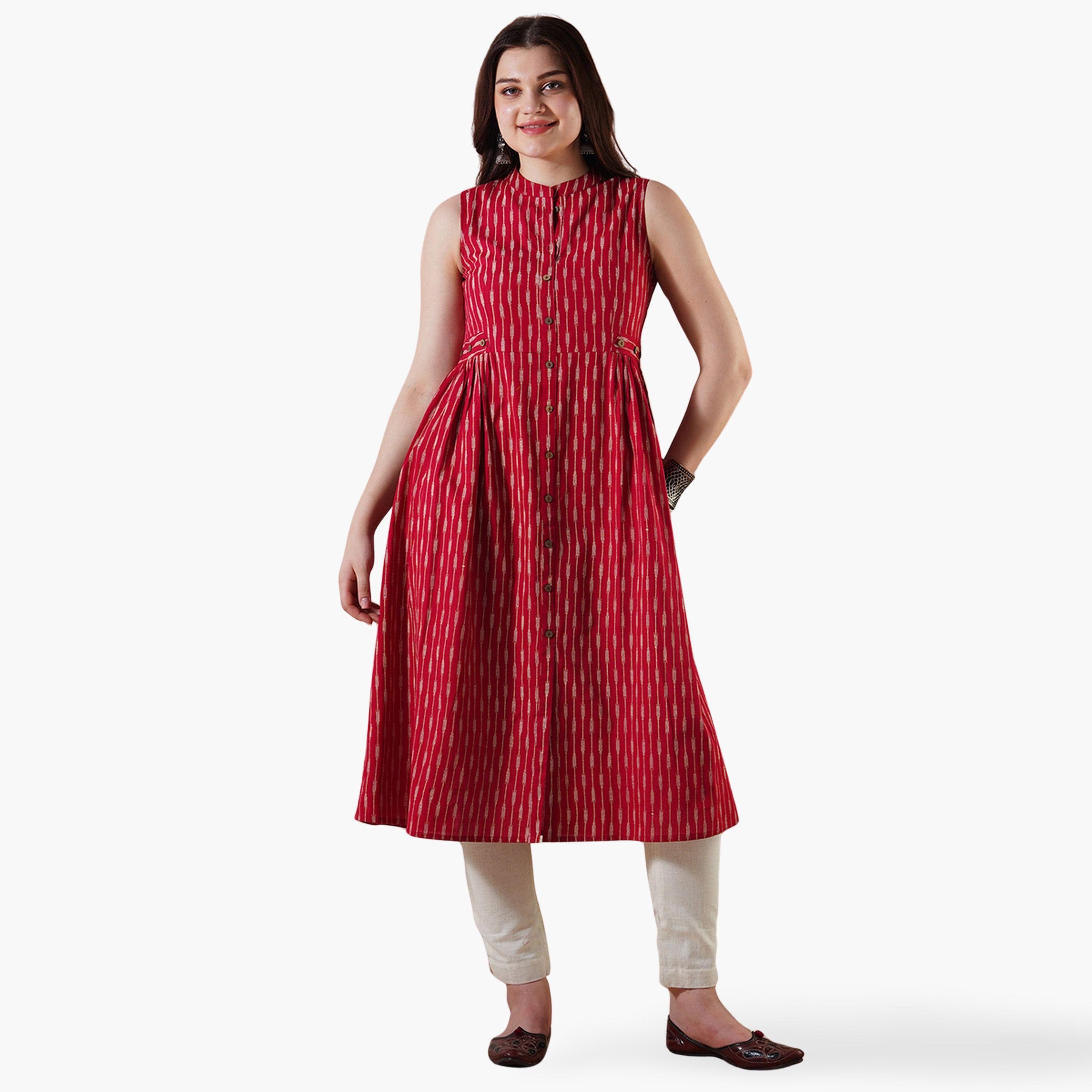 Globus X Styli Striped Mandarin Collar Pleated Buttoned Workwear Kurta-women-clothing-ethnicwear-kurtas-image-1