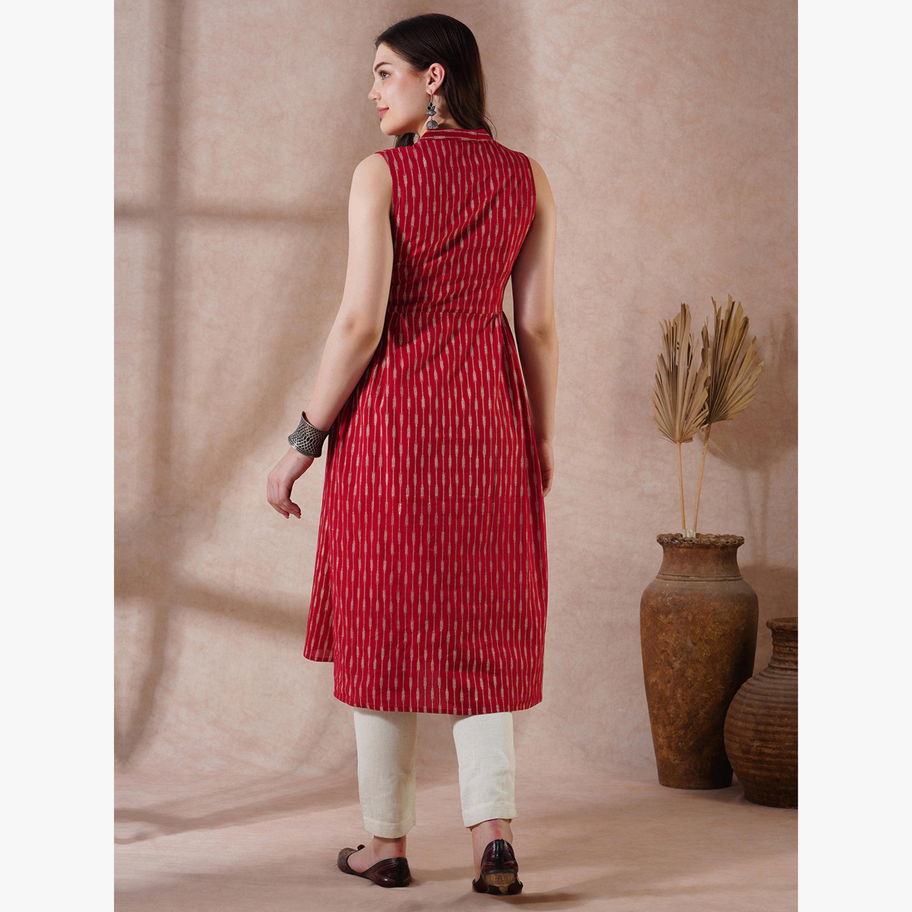 Globus X Styli Striped Mandarin Collar Pleated Buttoned Workwear Kurta-women-clothing-ethnicwear-kurtas-image-3