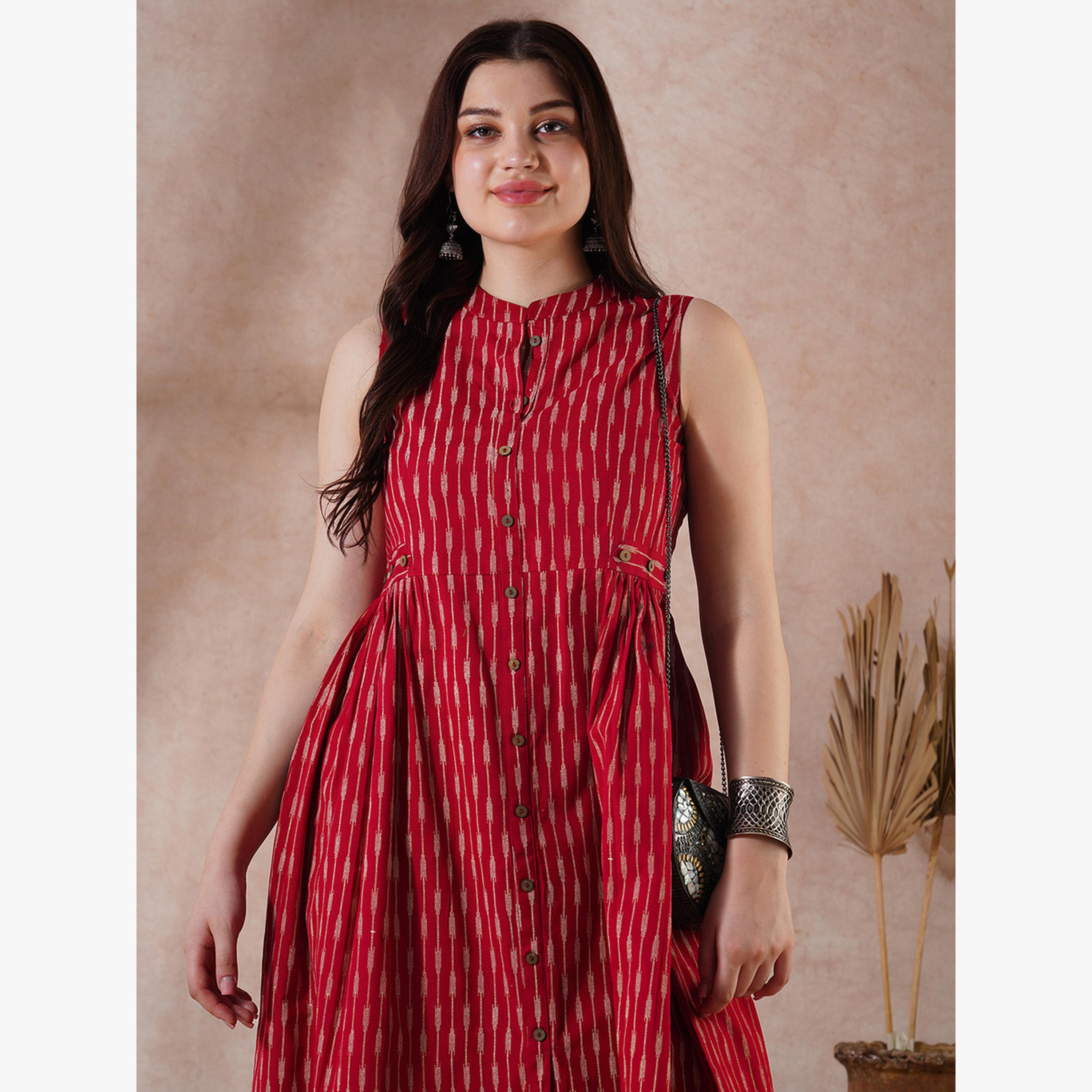 Globus X Styli Striped Mandarin Collar Pleated Buttoned Workwear Kurta-women-clothing-ethnicwear-kurtas-image-5