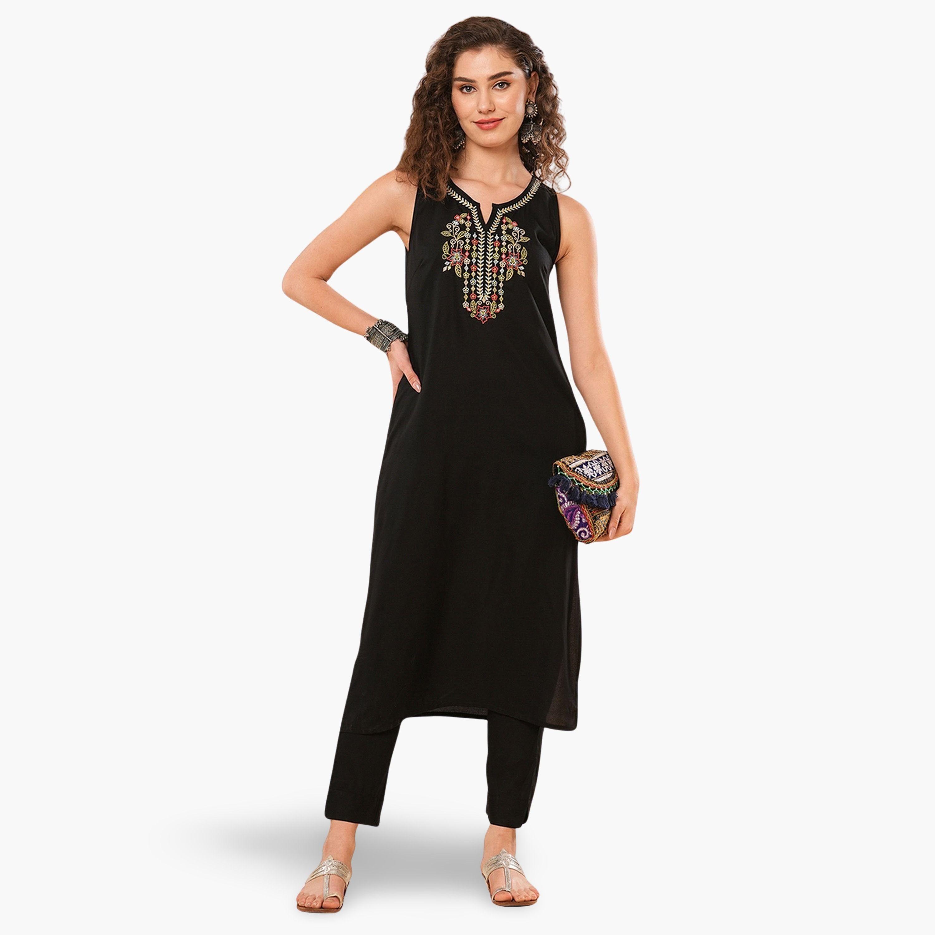 Globus X Styli Floral Embroidered Straight Kurta and Elasticated Pants Set-women-clothing-ethnicwear-kurtasets-image-1