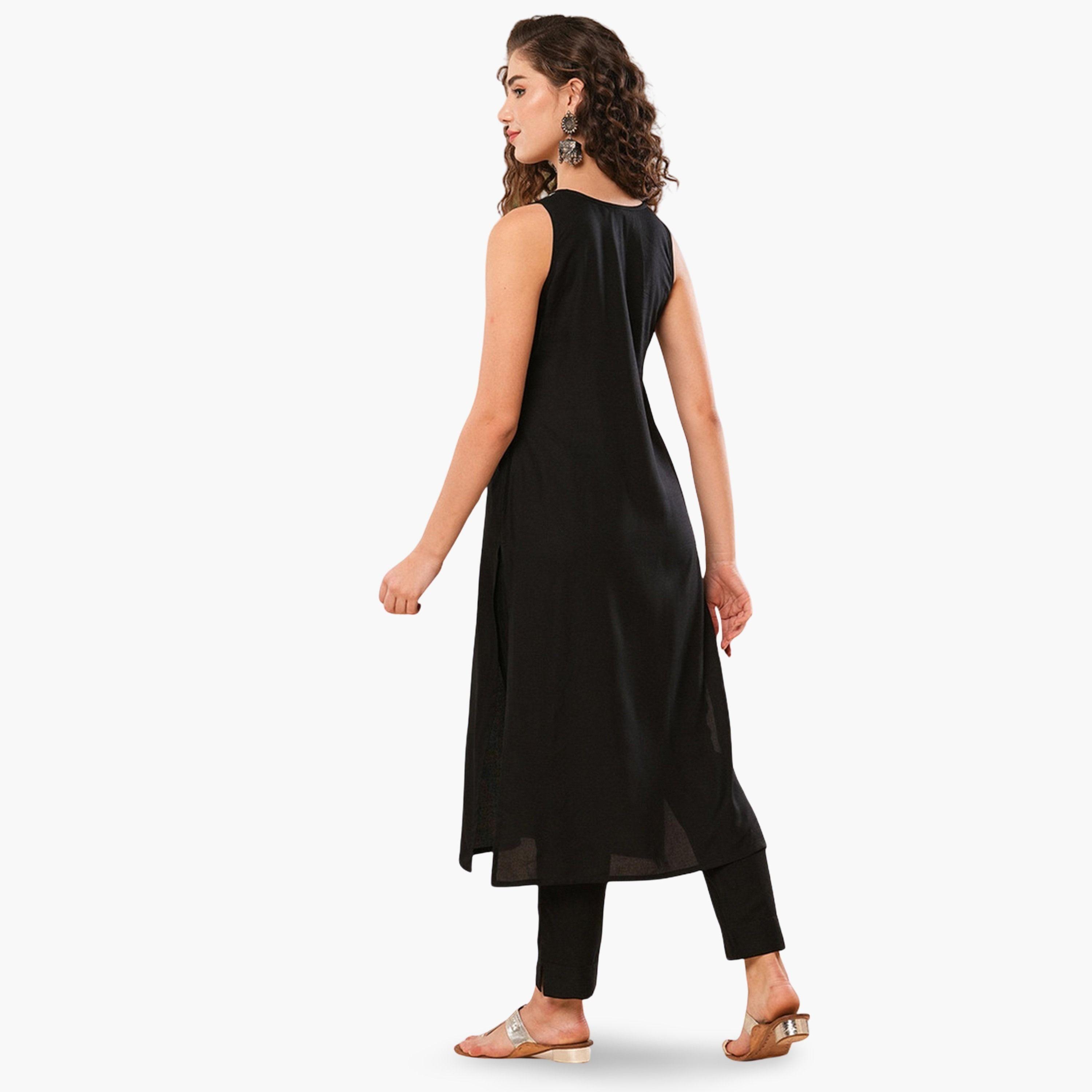 طقم كورتا مستقيمة مطرزة بالزهور مع بنطال بخصر مطاطي-women-clothing-ethnicwear-kurtasets-image-3