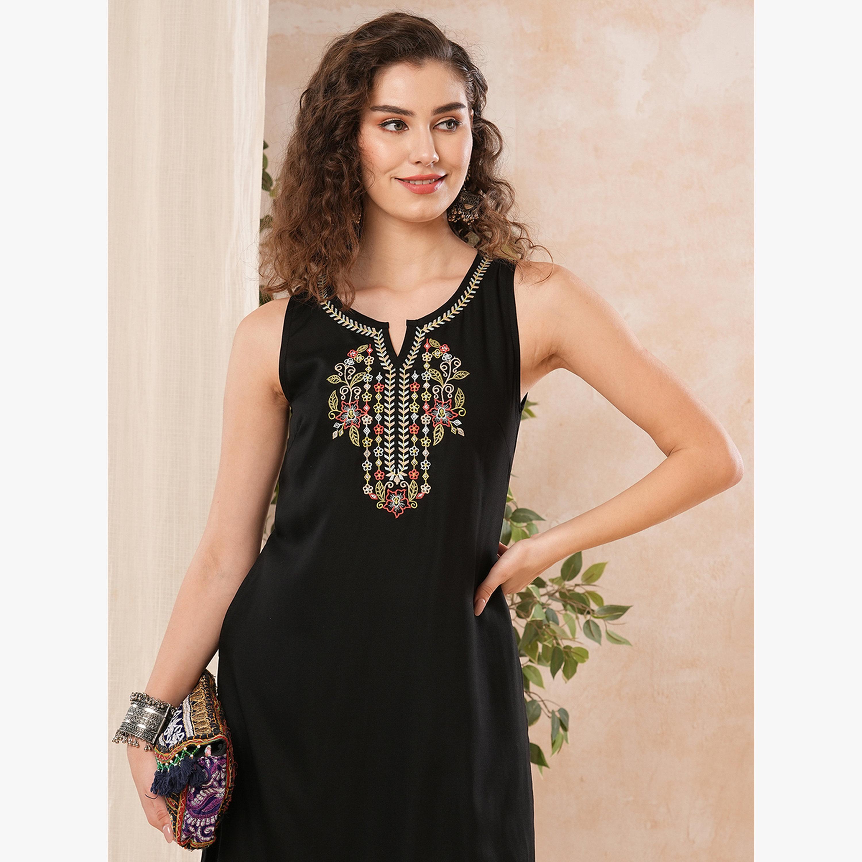 طقم كورتا مستقيمة مطرزة بالزهور مع بنطال بخصر مطاطي-women-clothing-ethnicwear-kurtasets-image-6