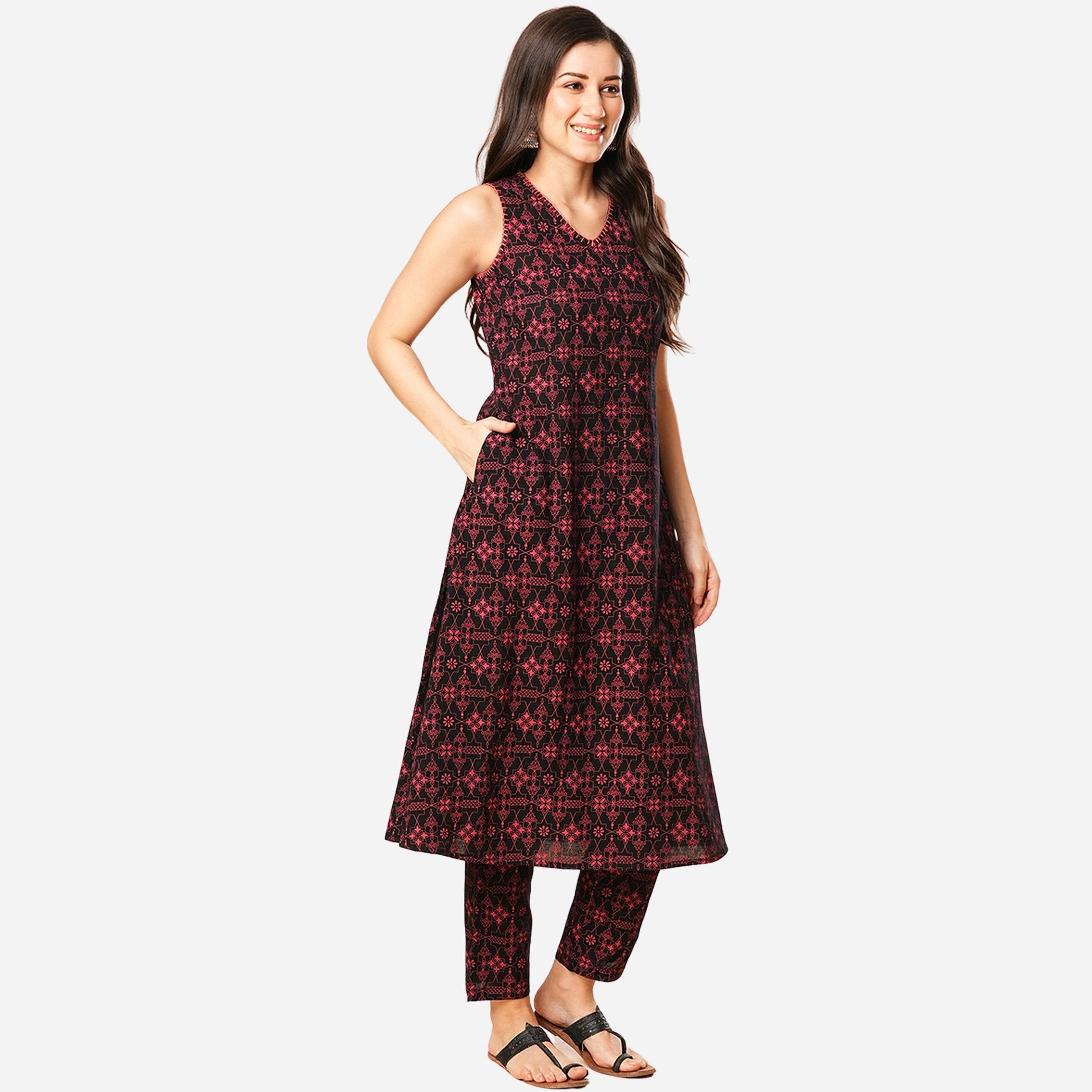 Globus X Styli Geometric Print Thread Work A-Line Kurta and Pants Set-women-clothing-ethnicwear-kurtasets-image-2