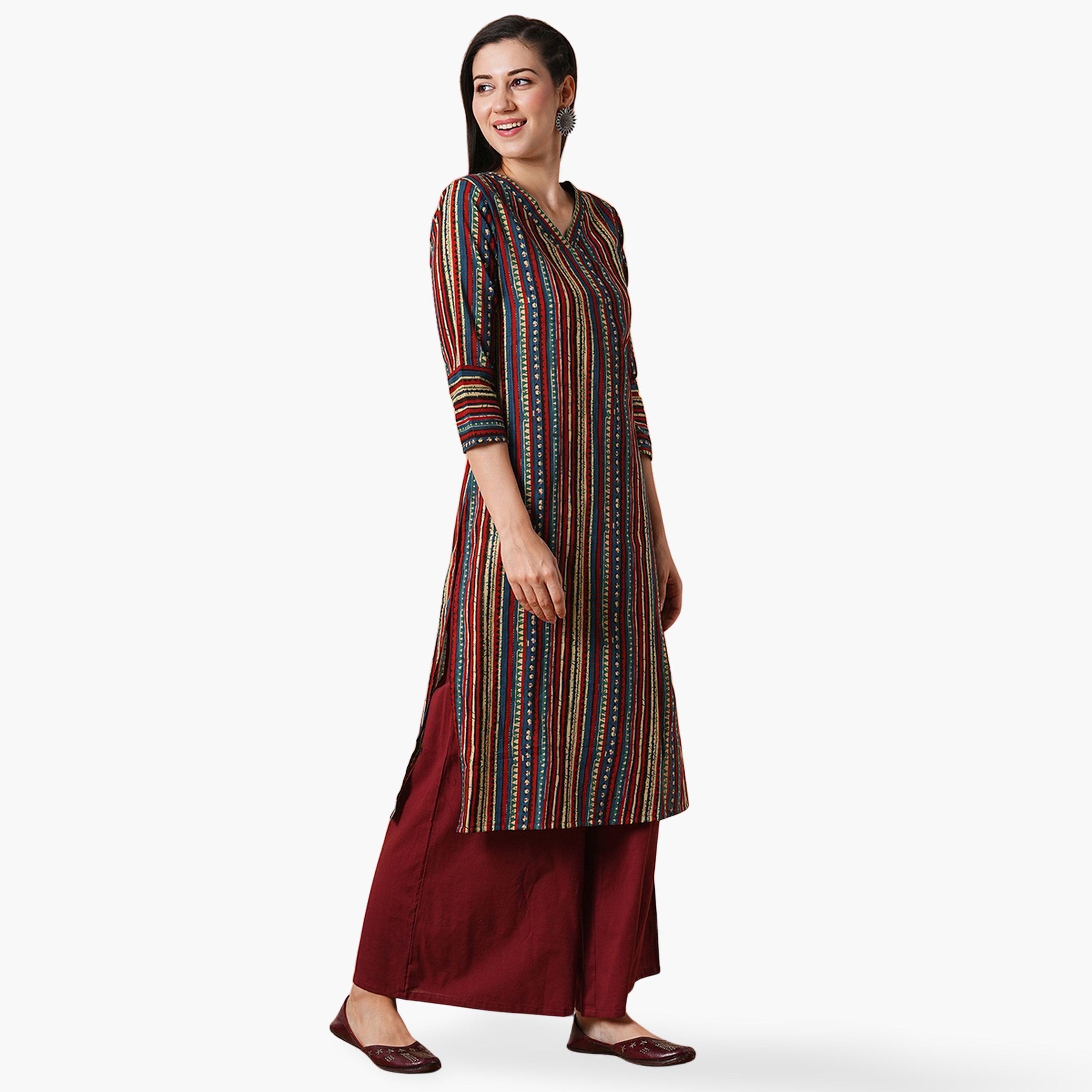 Globus X Styli Geometric Stripe Print Straight Workwear Kurta and Palazzos Set-women-clothing-ethnicwear-kurtasets-image-1