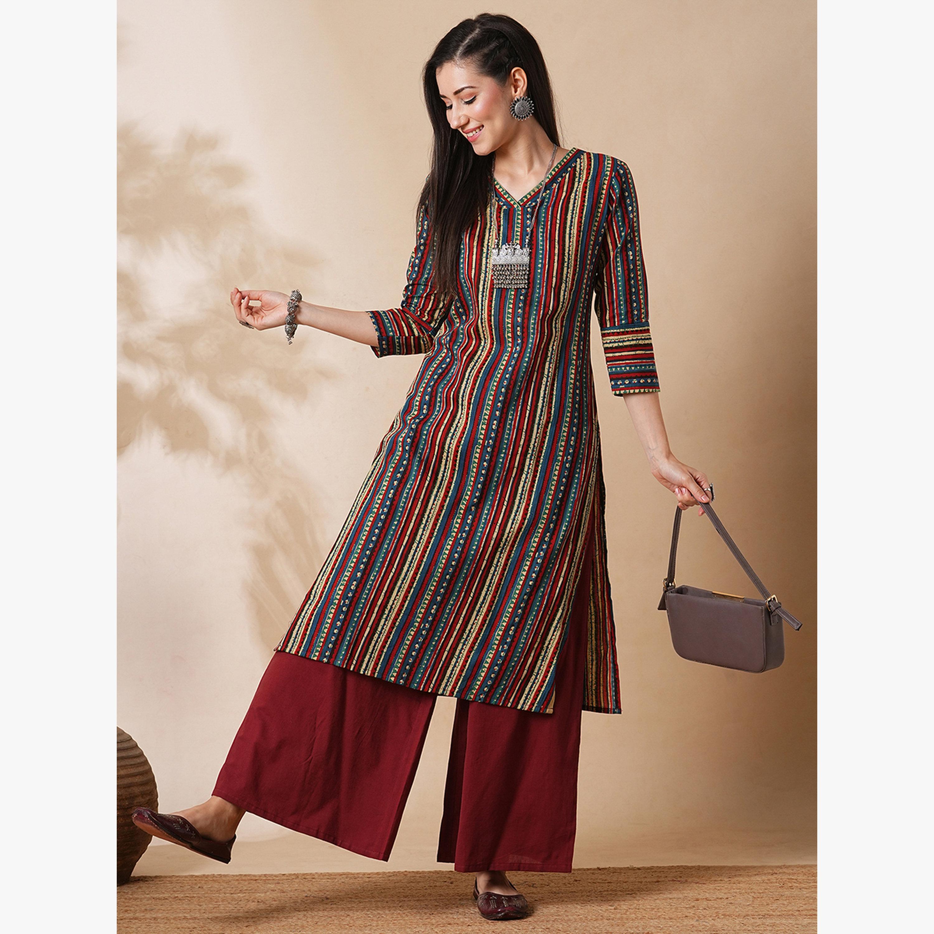 Globus X Styli Geometric Stripe Print Straight Workwear Kurta and Palazzos Set-women-clothing-ethnicwear-kurtasets-image-2