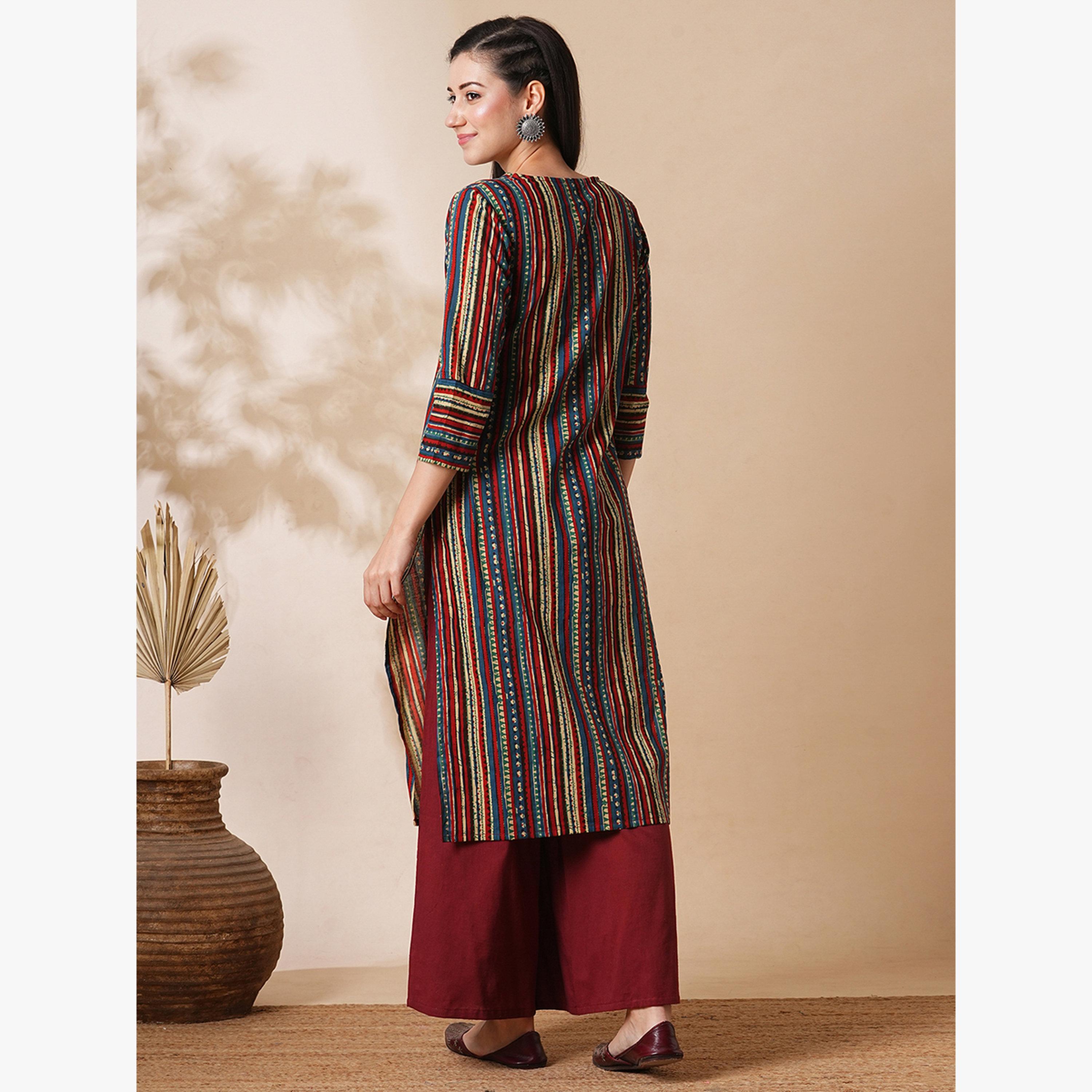 Globus X Styli Geometric Stripe Print Straight Workwear Kurta and Palazzos Set-women-clothing-ethnicwear-kurtasets-image-3