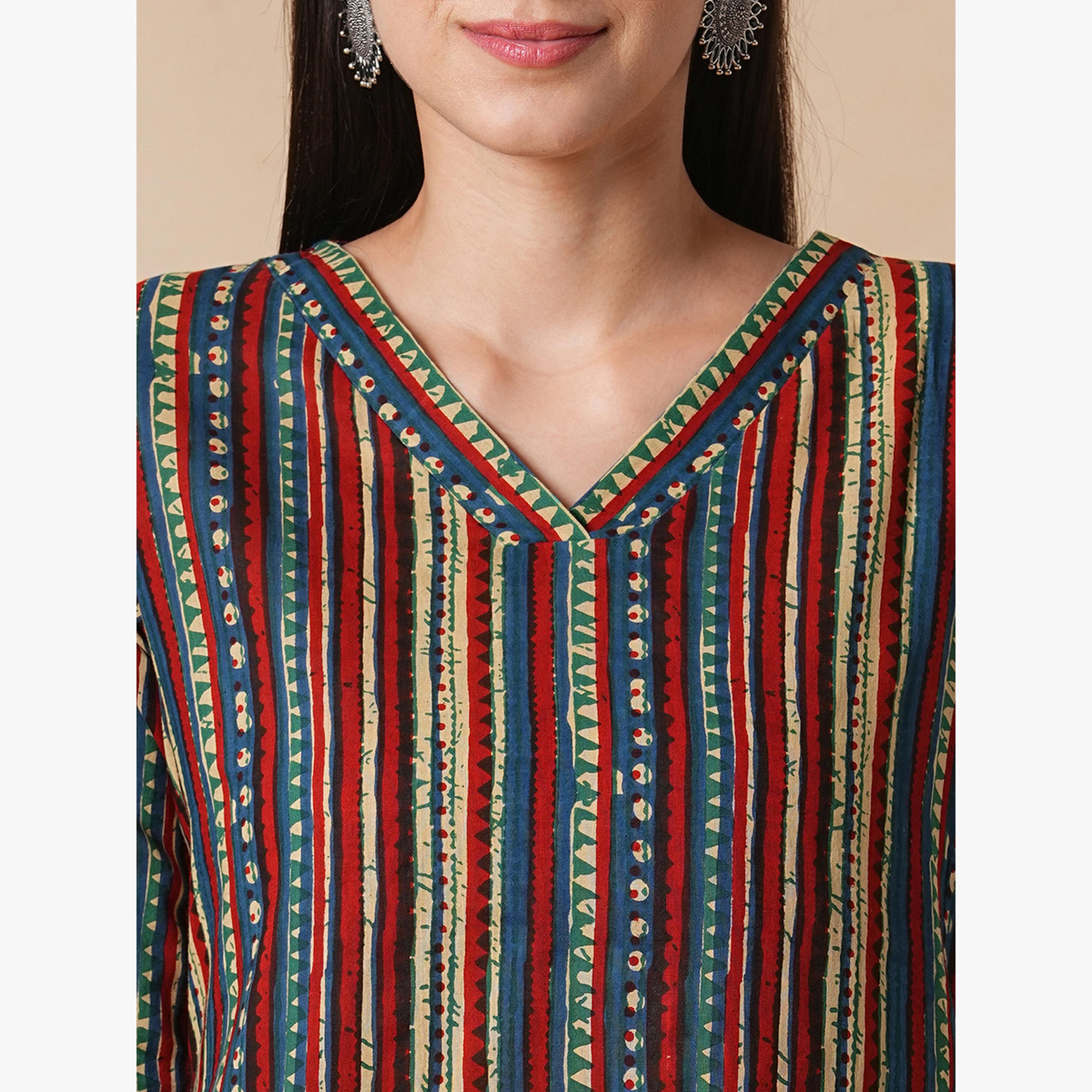 Globus X Styli Geometric Stripe Print Straight Workwear Kurta and Palazzos Set-women-clothing-ethnicwear-kurtasets-image-4