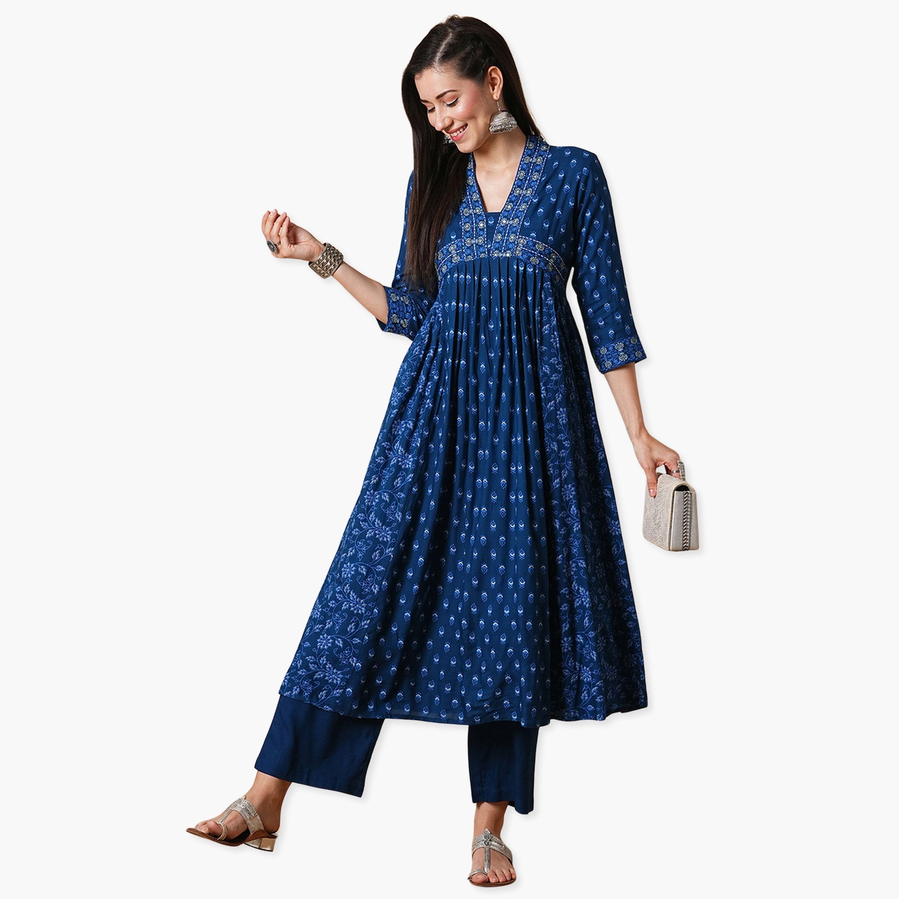 Globus X Styli All Over Print Pleated A-Line Kurta and Pants Workwear Set-women-clothing-ethnicwear-kurtasets-image-1
