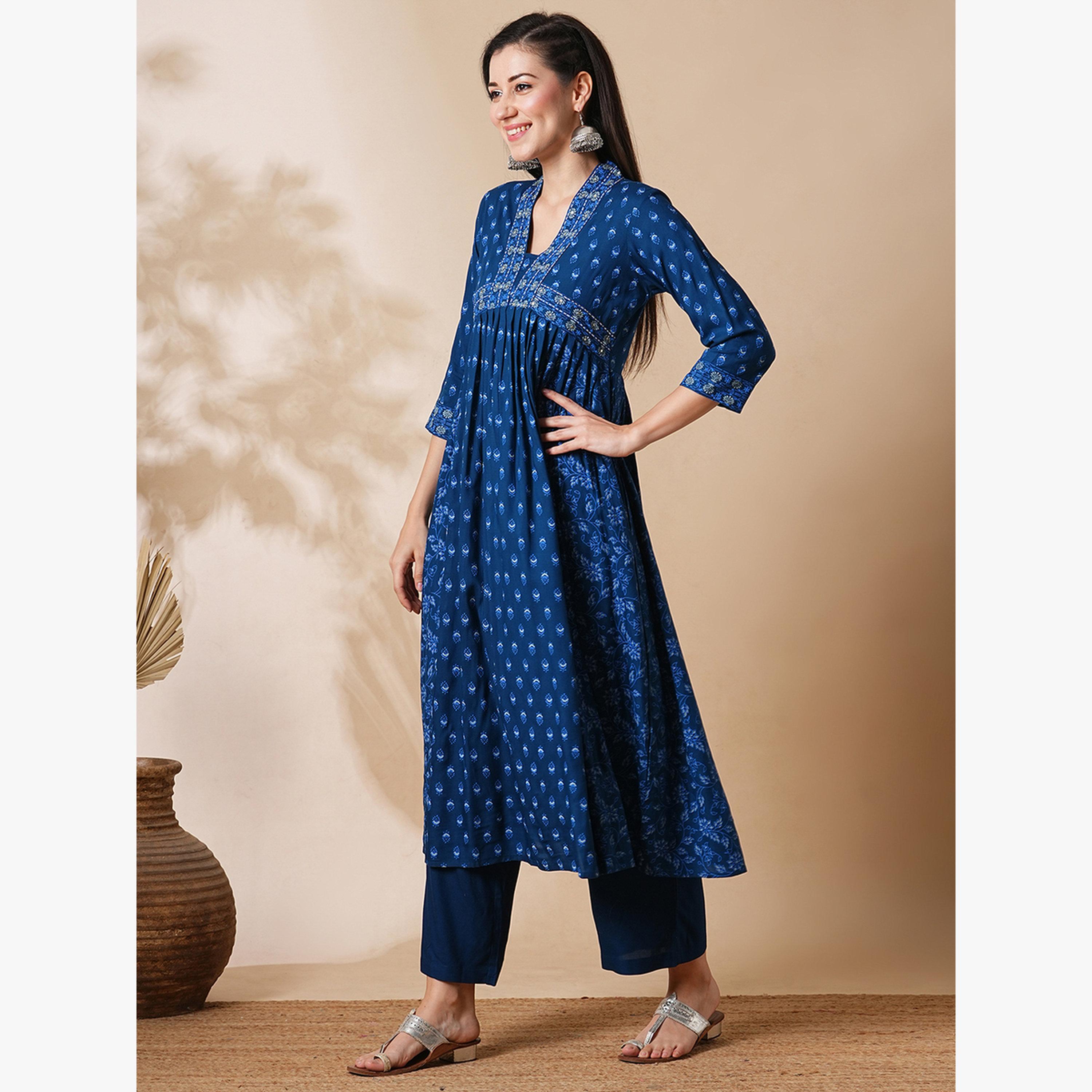 Globus X Styli All Over Print Pleated A-Line Kurta and Pants Workwear Set-women-clothing-ethnicwear-kurtasets-image-2