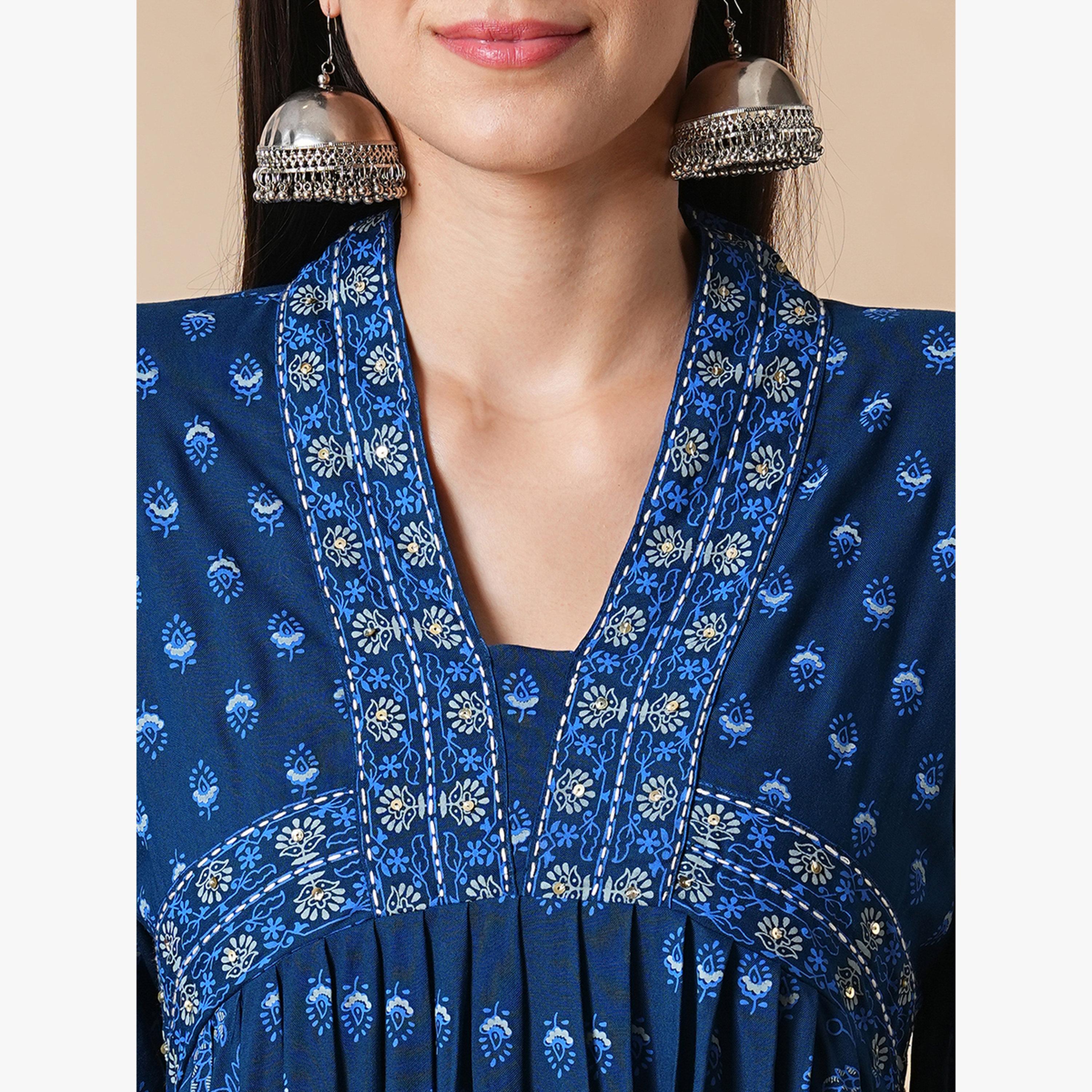 Globus X Styli All Over Print Pleated A-Line Kurta and Pants Workwear Set-women-clothing-ethnicwear-kurtasets-image-4