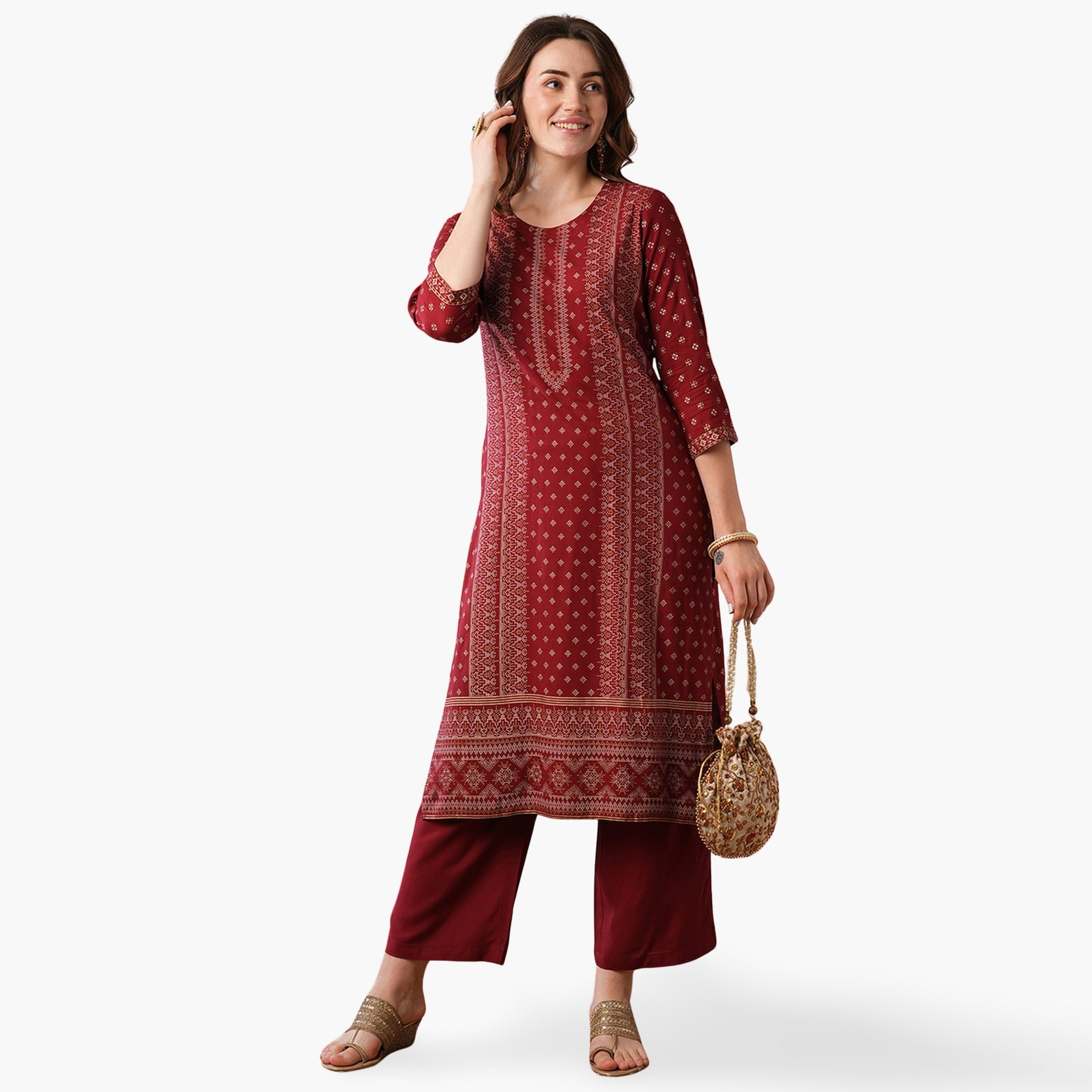 طقم كورتا مستقيمة للعمل بطبعة ذهبية مع بنطال بخصر مطاطي-women-clothing-ethnicwear-kurtasets-image-1