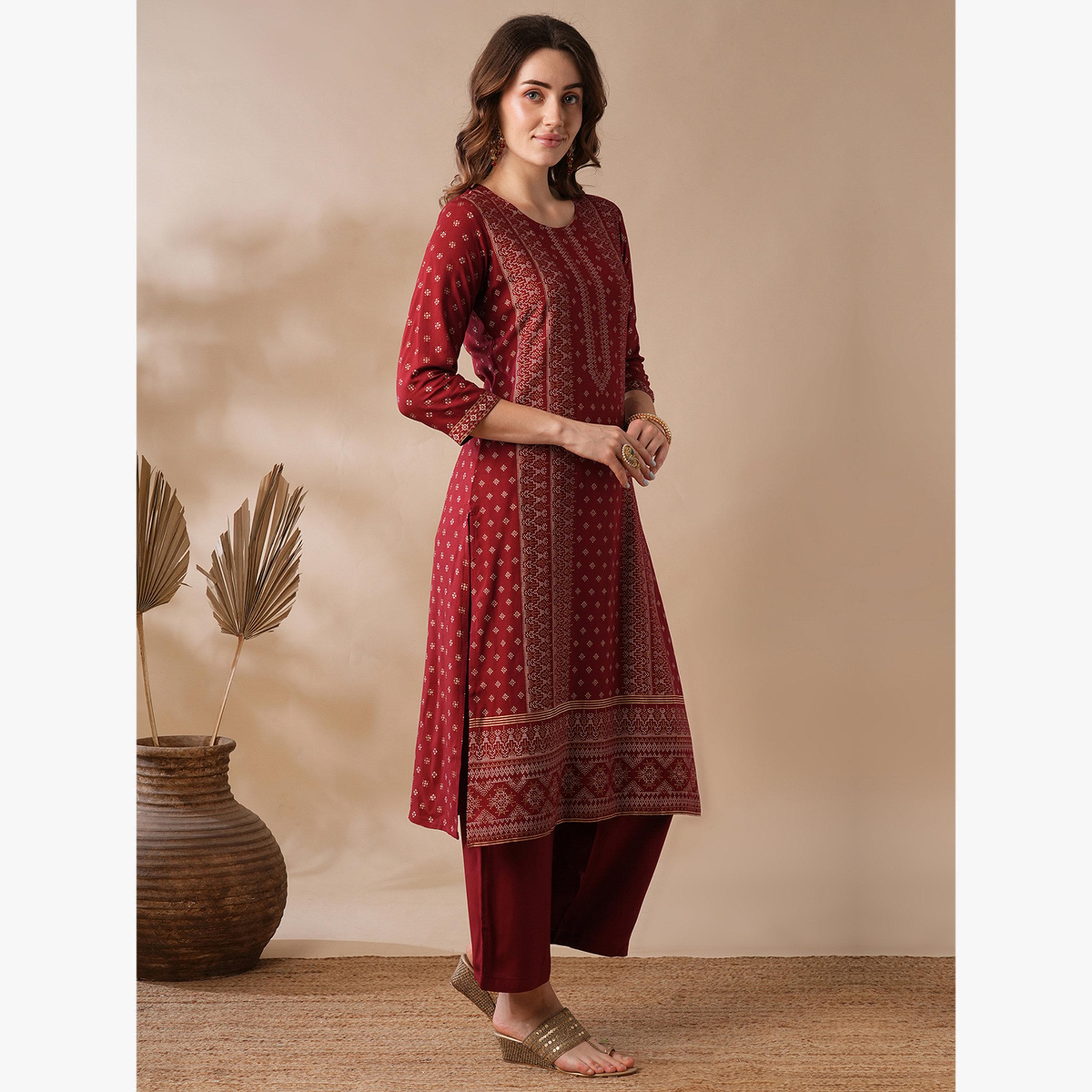 Globus X Styli Gold Foil Print Straight Workwear Kurta and Elasticated Pants Set-women-clothing-ethnicwear-kurtasets-image-2