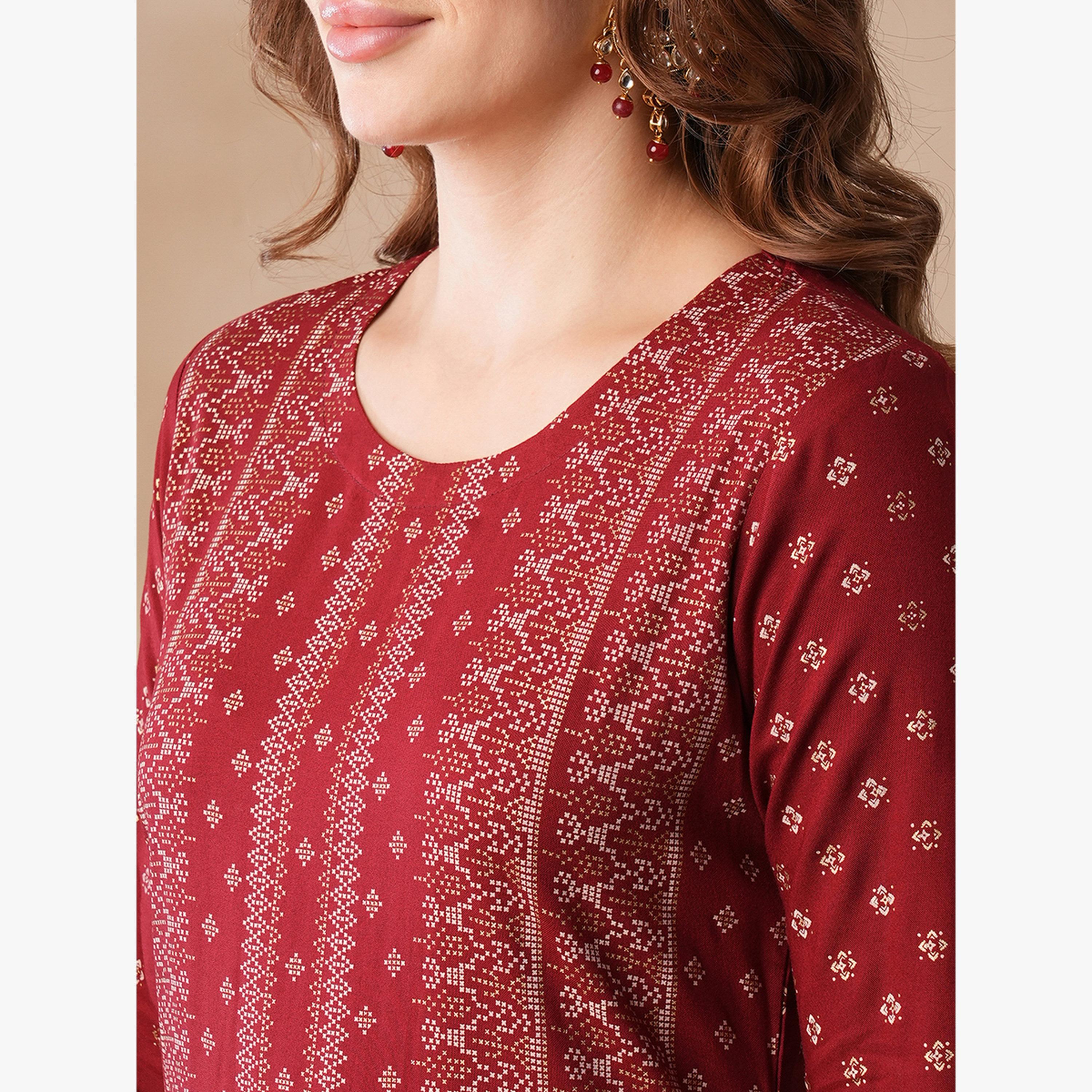 طقم كورتا مستقيمة للعمل بطبعة ذهبية مع بنطال بخصر مطاطي-women-clothing-ethnicwear-kurtasets-image-4