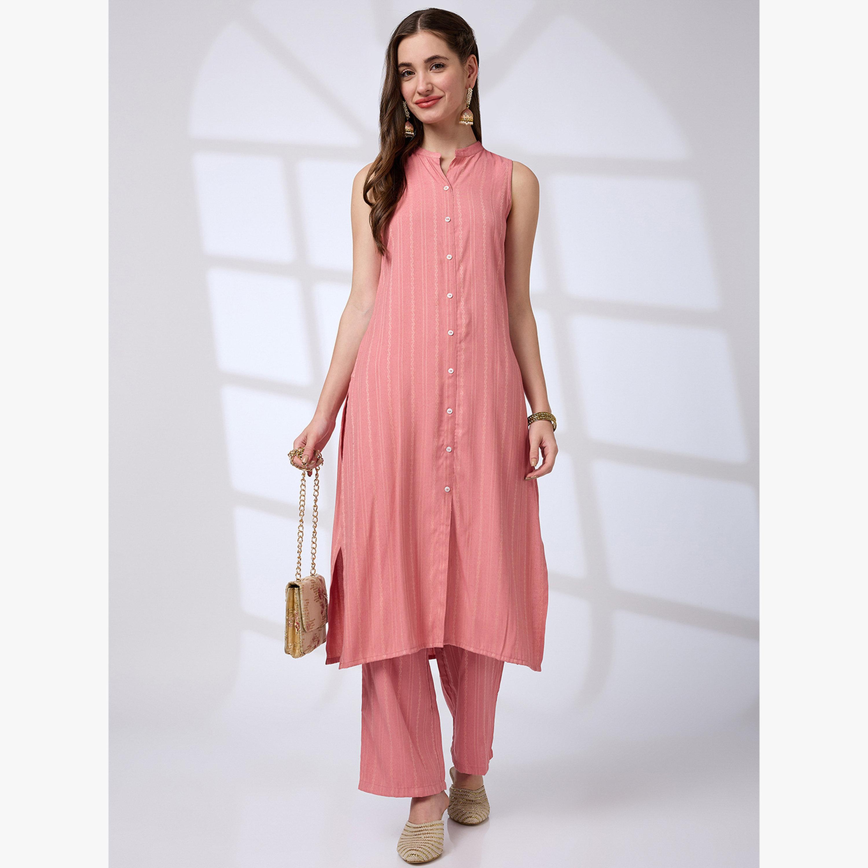 Globus X Styli Mandarin Collar Front Slit A-Line Kurta and Pants Workwear Set-women-clothing-ethnicwear-kurtasets-image-1