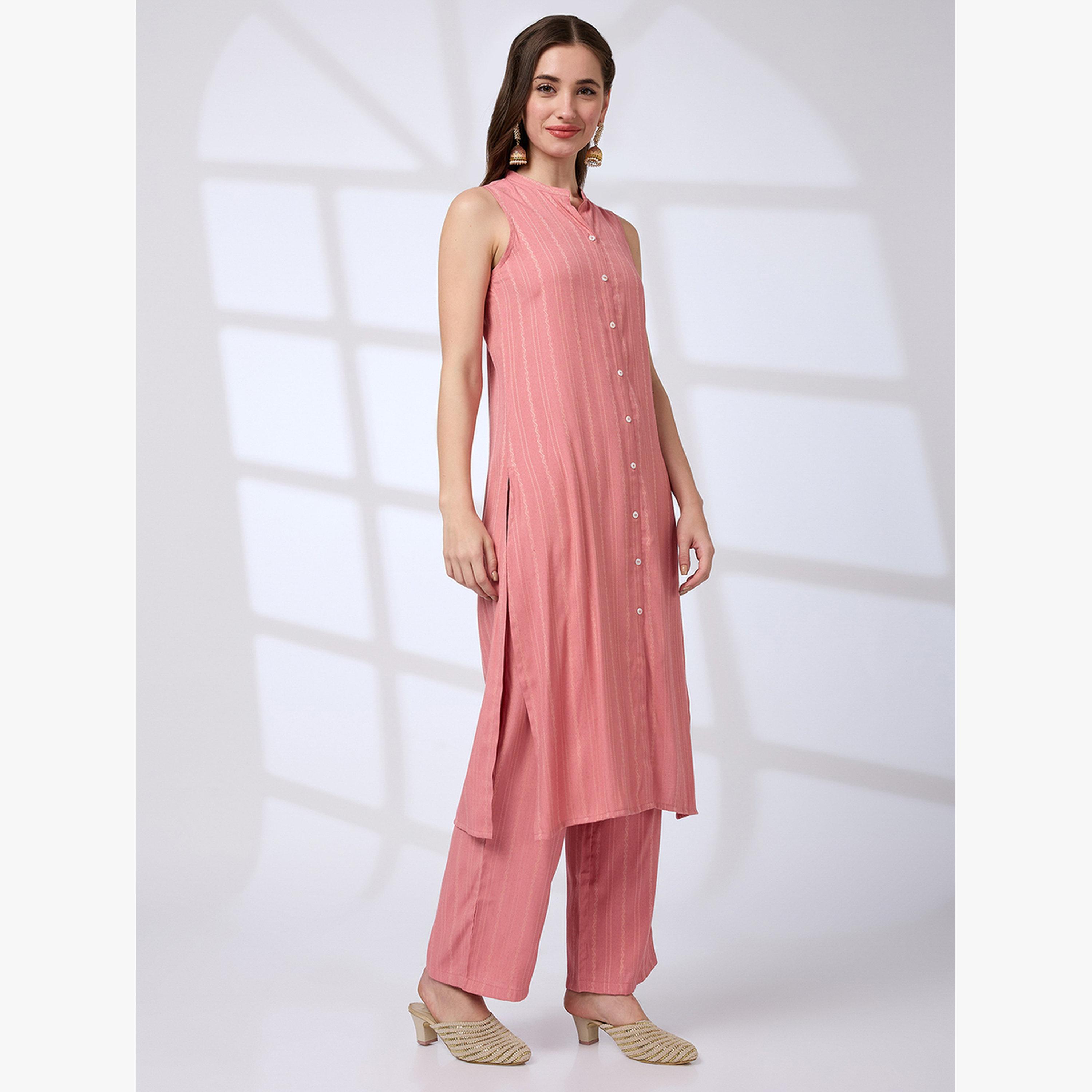 Globus X Styli Mandarin Collar Front Slit A-Line Kurta and Pants Workwear Set-women-clothing-ethnicwear-kurtasets-image-2