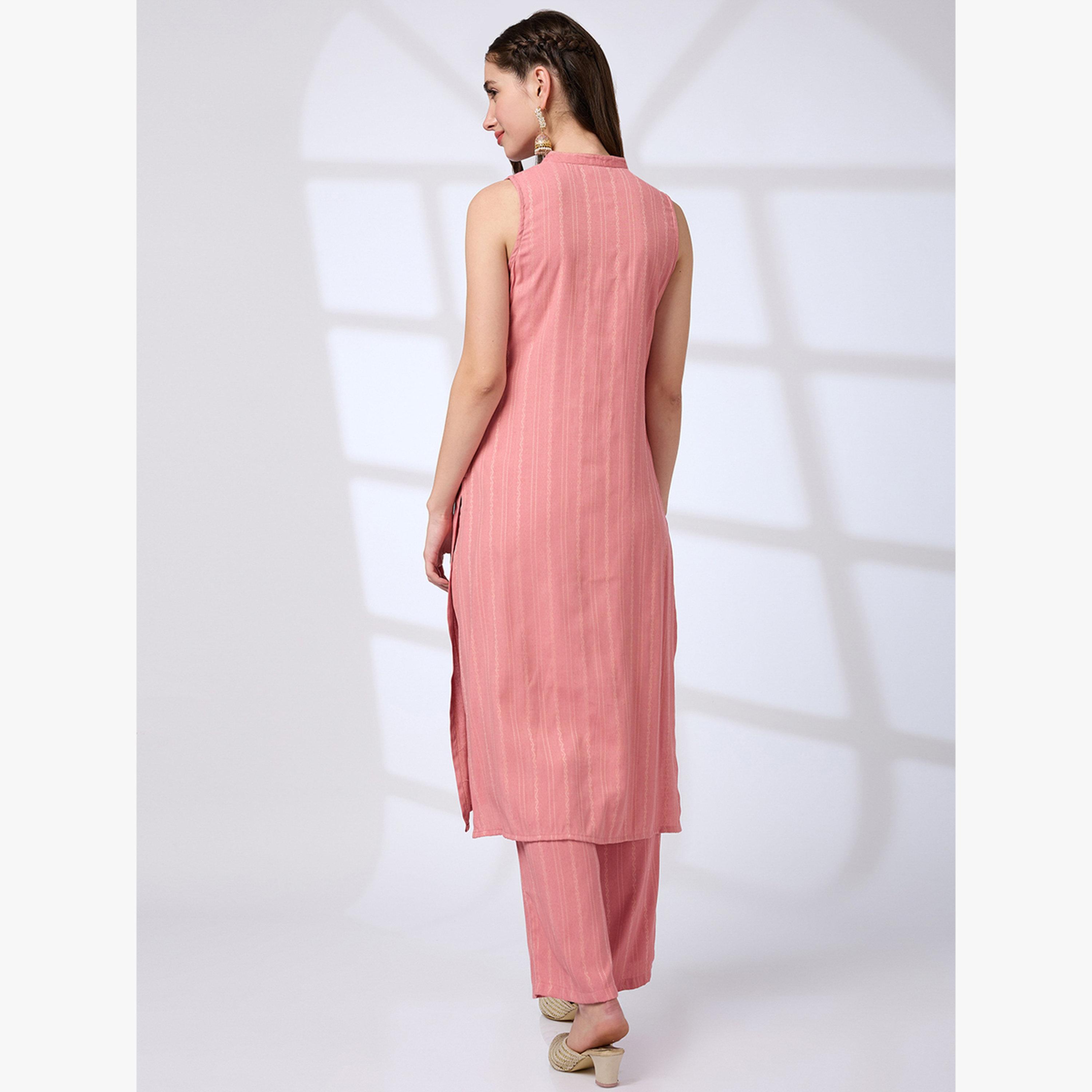 طقم كورتا للعمل بياقة ماندارين وفتحة أمامية بحافة واسعة مع بنطال-women-clothing-ethnicwear-kurtasets-image-3
