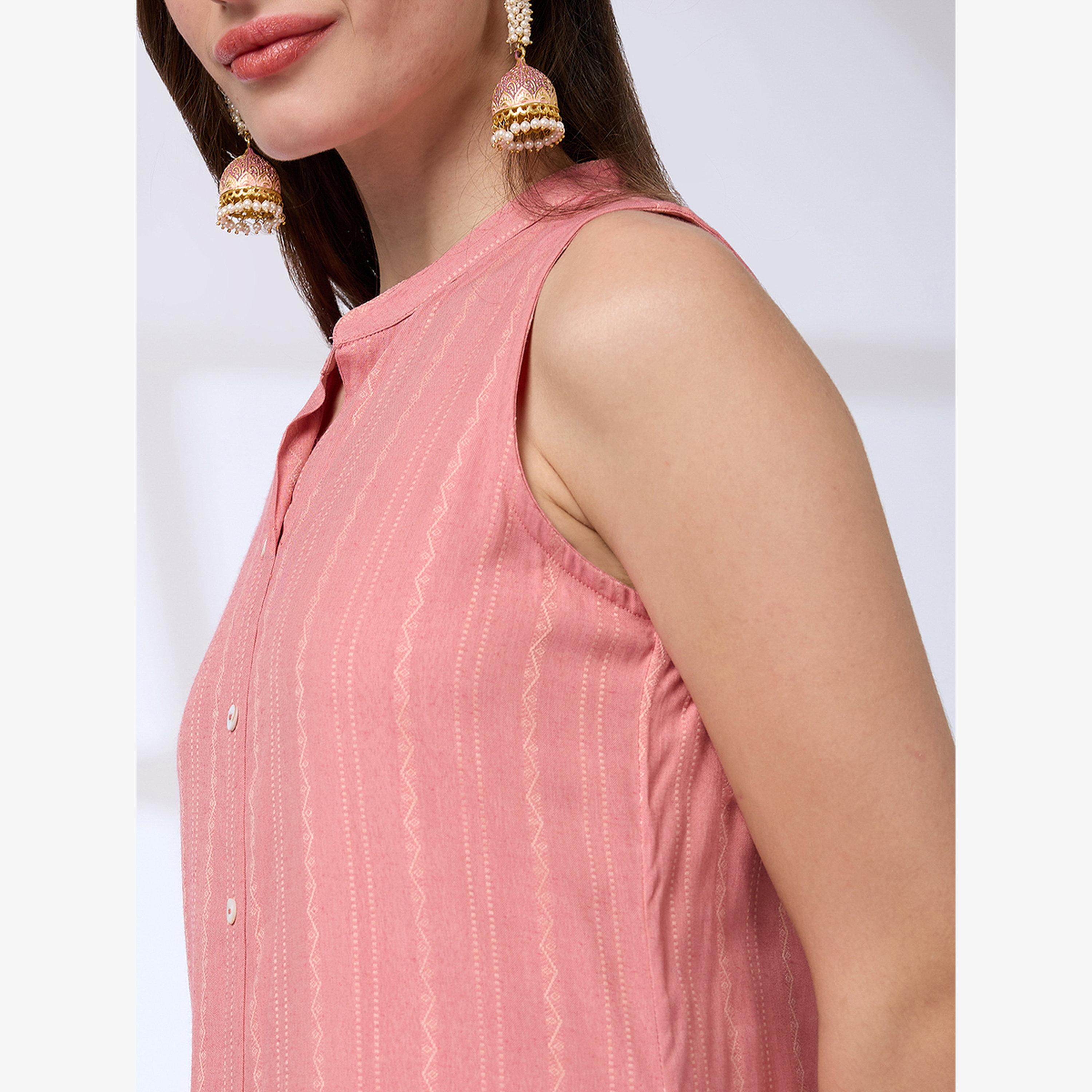 طقم كورتا للعمل بياقة ماندارين وفتحة أمامية بحافة واسعة مع بنطال-women-clothing-ethnicwear-kurtasets-image-4