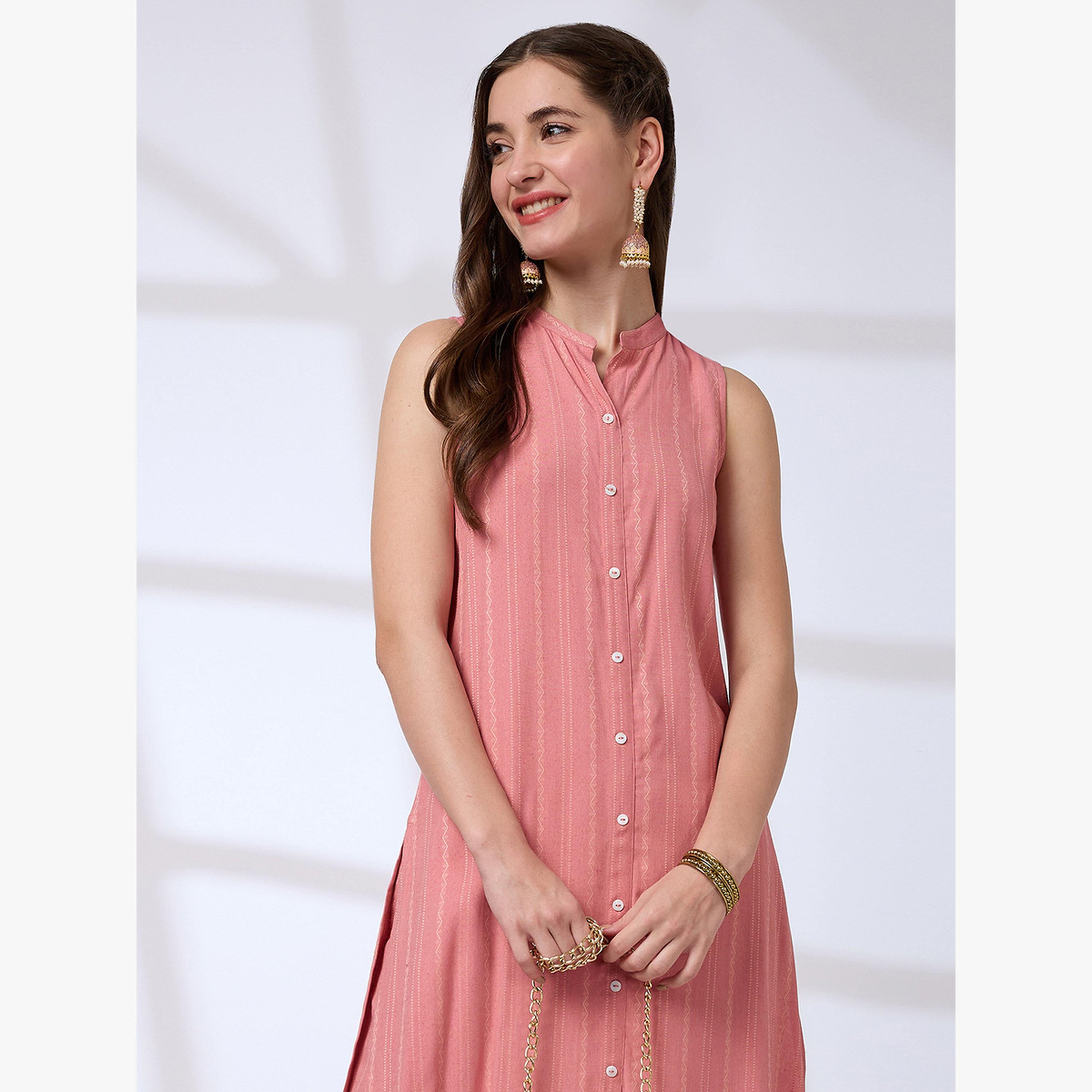 طقم كورتا للعمل بياقة ماندارين وفتحة أمامية بحافة واسعة مع بنطال-women-clothing-ethnicwear-kurtasets-image-6