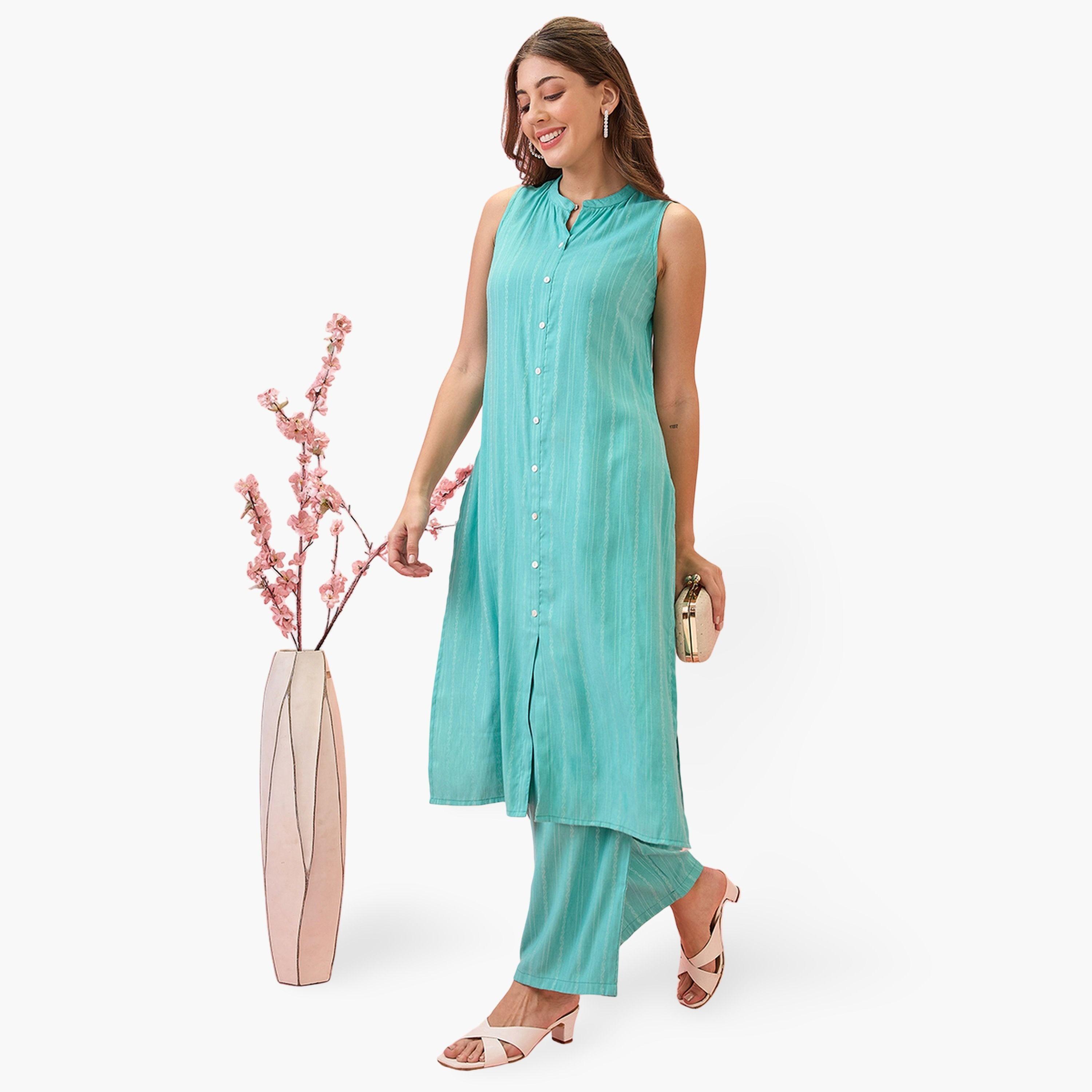 Globus X Styli Mandarin Collar Front Slit A-Line Kurta and Pants Workwear Set-women-clothing-ethnicwear-kurtasets-image-1