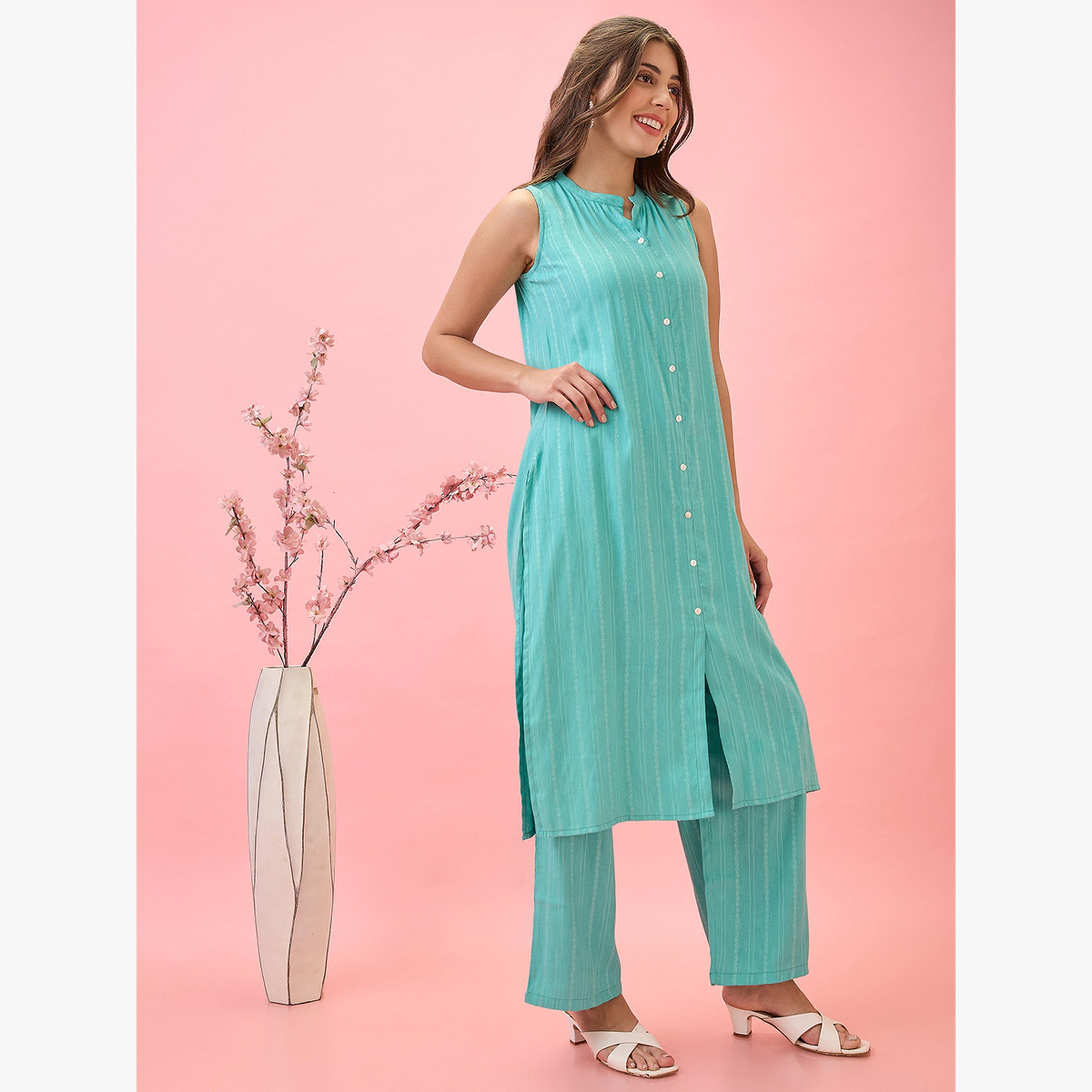 طقم كورتا للعمل بياقة ماندارين وفتحة أمامية بحافة واسعة مع بنطال-women-clothing-ethnicwear-kurtasets-image-2